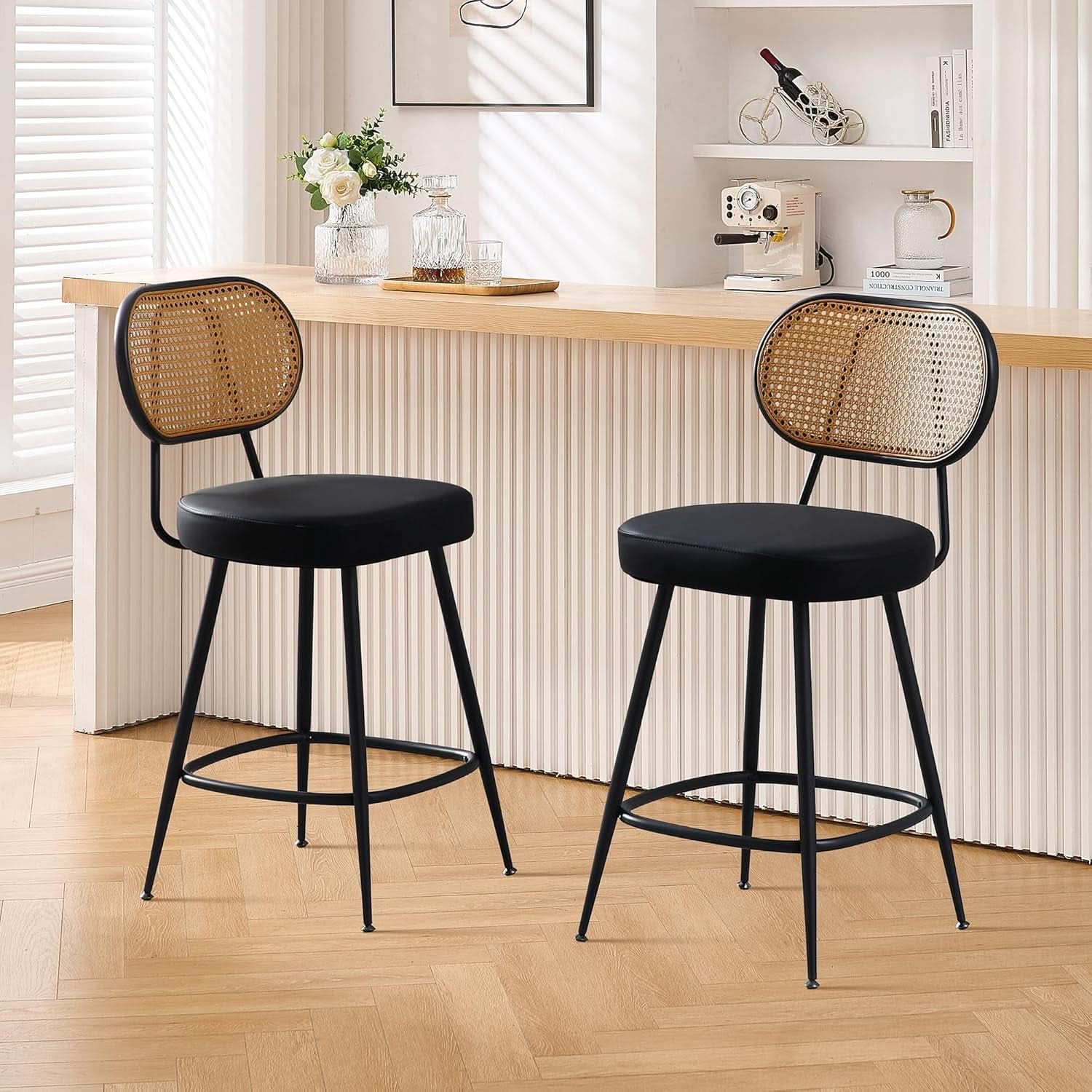Counter Height Bar Stools Set of Two with Rattan Back
