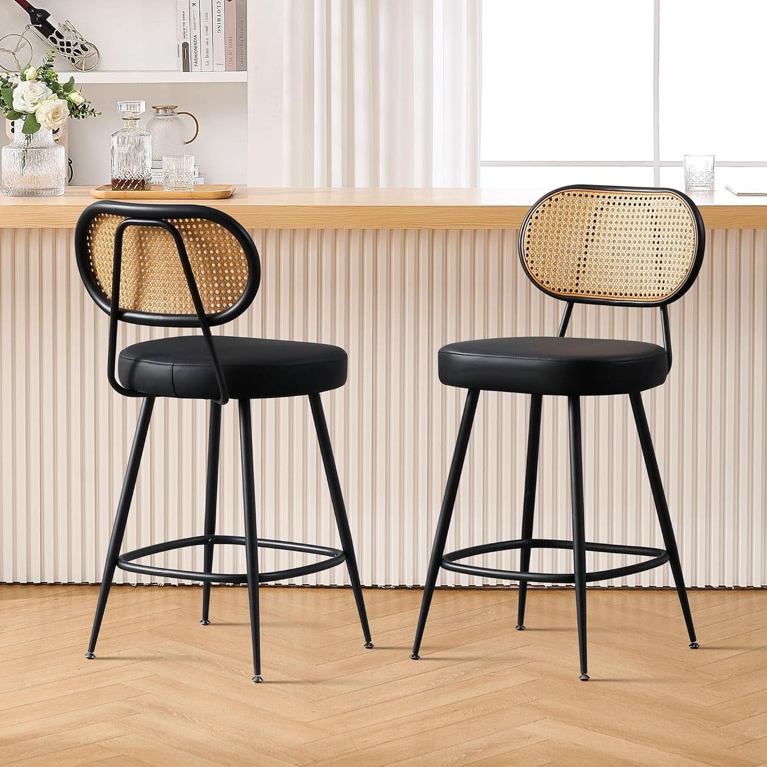 Counter Height Bar Stools Set of Two with Rattan Back
