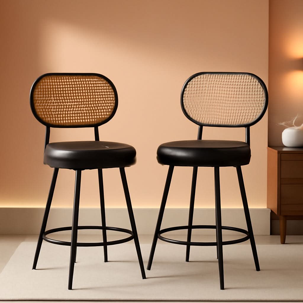 Counter Height Bar Stools Set of Two with Rattan Back