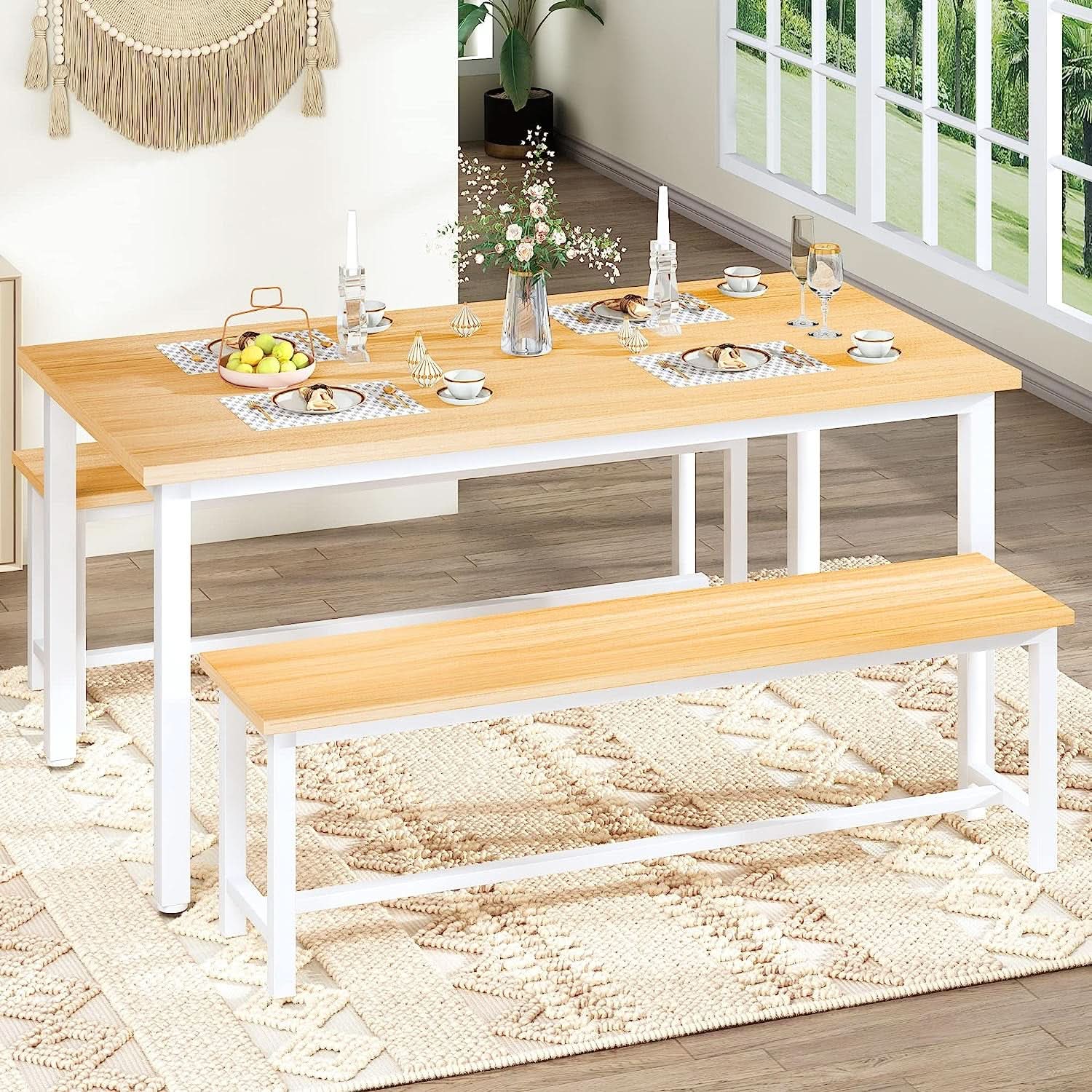 Counter Height Dining Table Set Gold White Benches