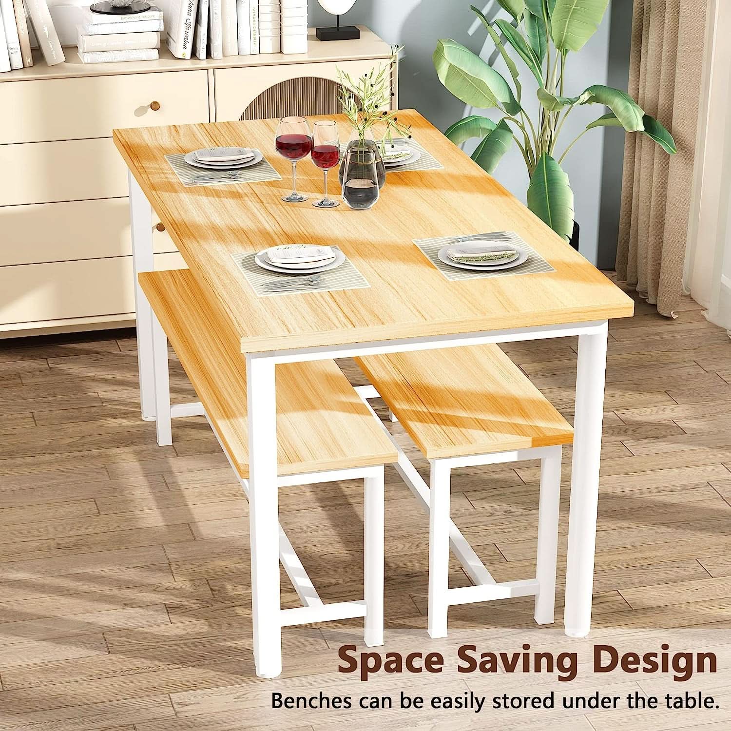 Counter Height Dining Table Set Gold White Benches