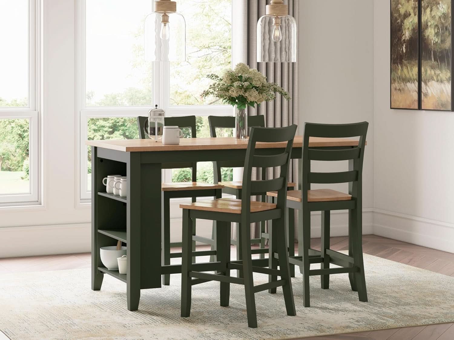 Counter Height Dining Table With 3 Shelves In Brown Green