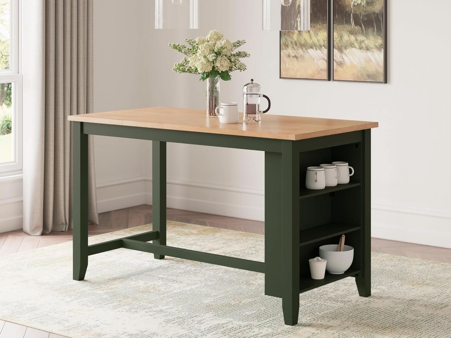 Counter Height Dining Table With 3 Shelves In Brown Green