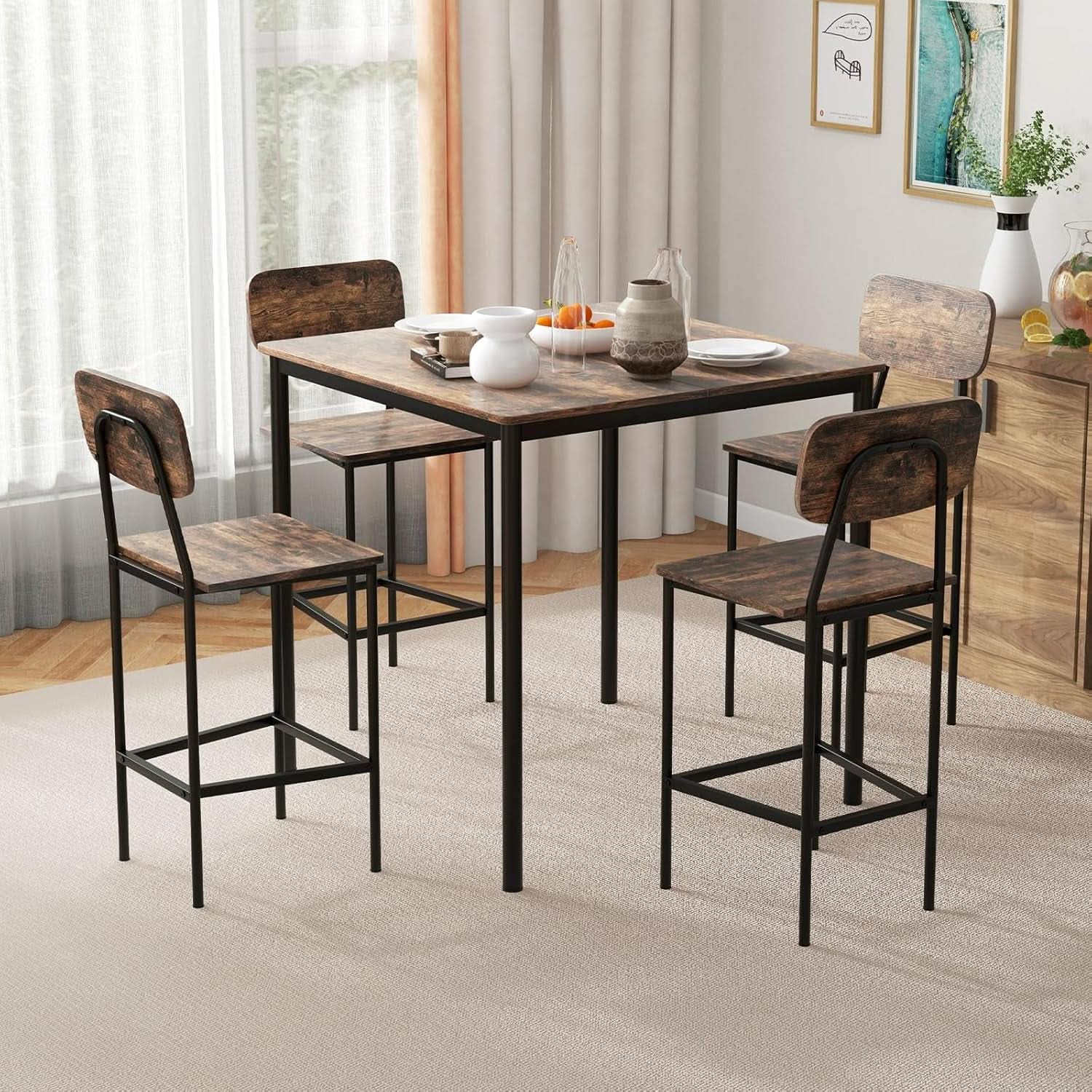 Counter Height Industrial Dining Table Set 36x36 Bar Stools