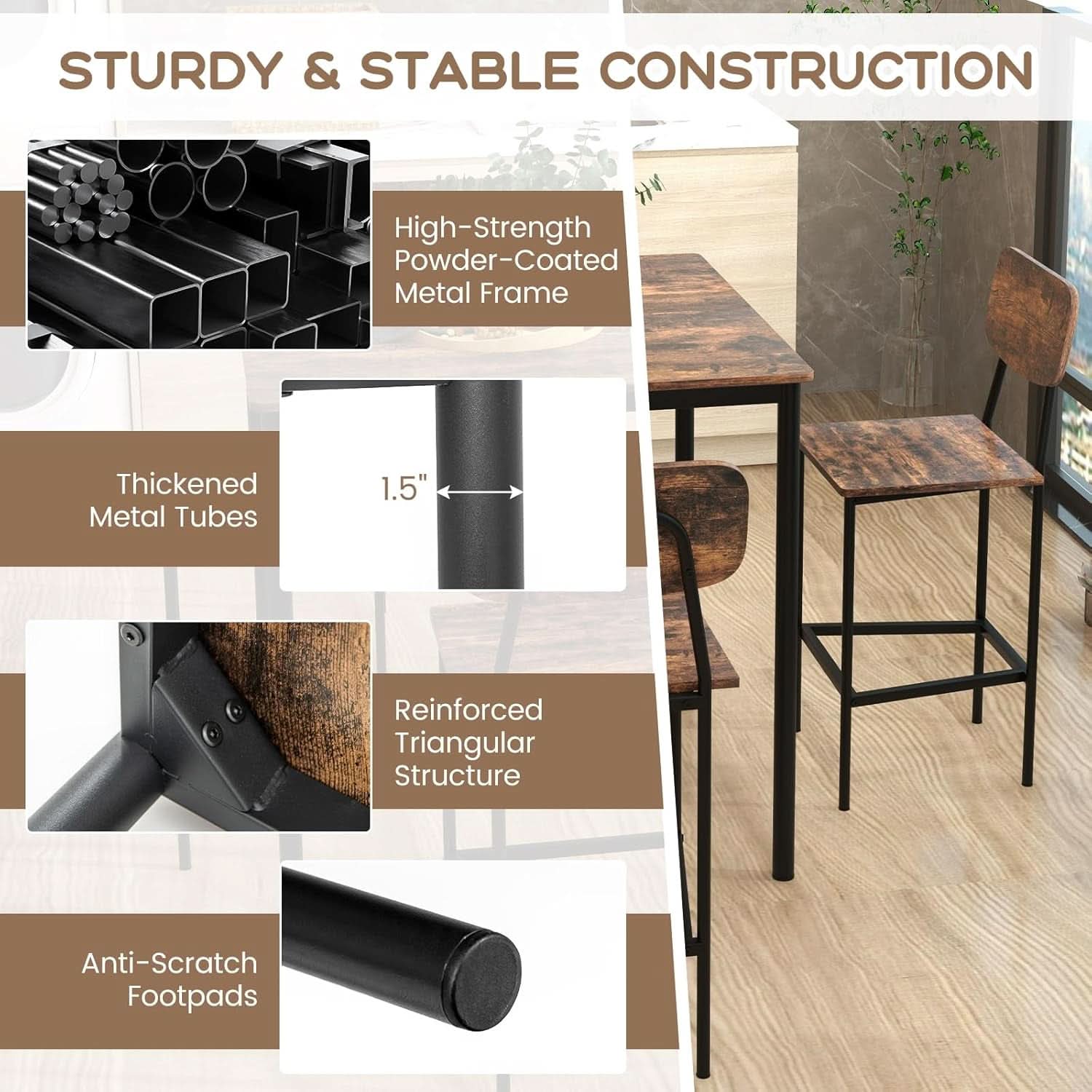 Counter Height Industrial Dining Table Set 36x36 Bar Stools