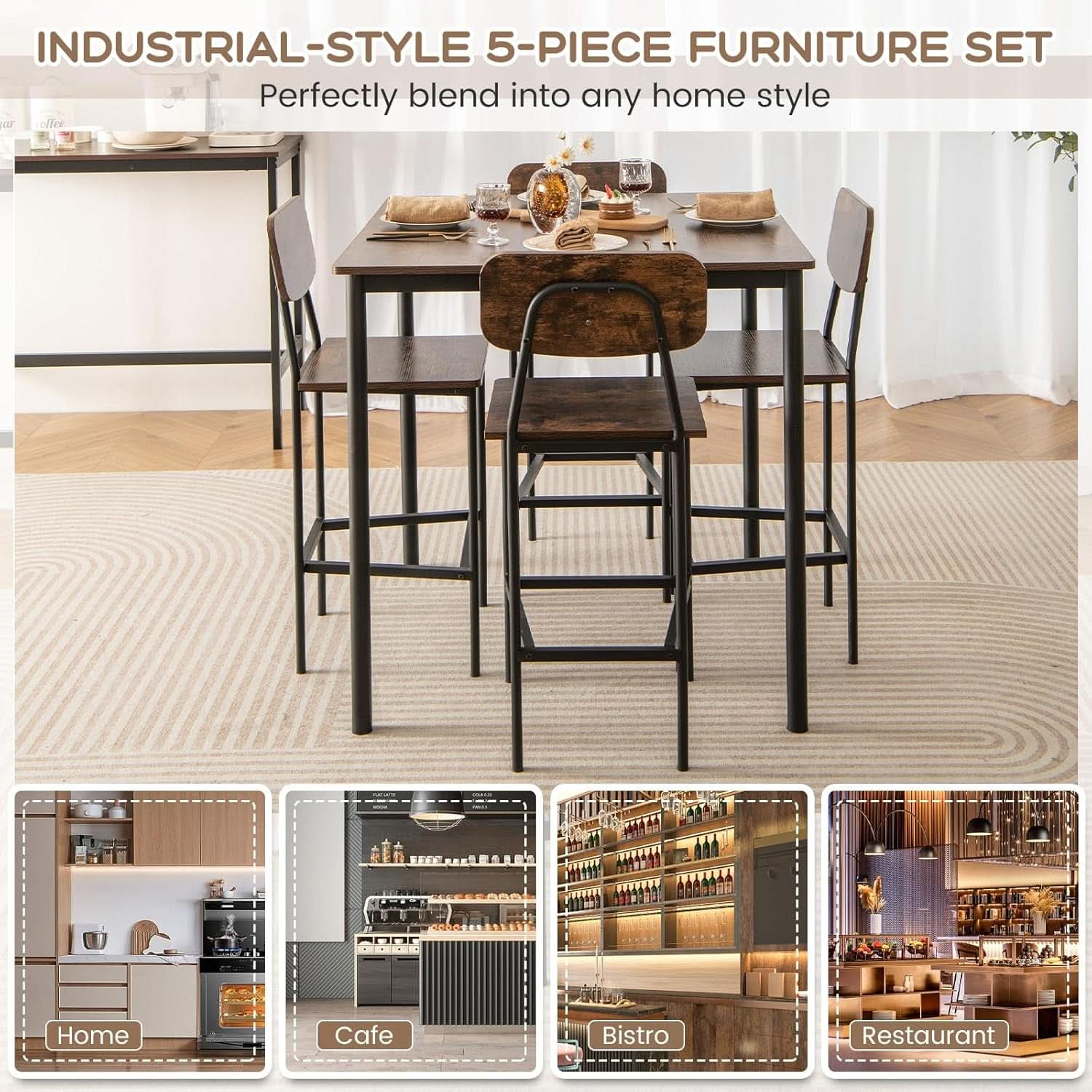 Counter Height Industrial Dining Table Set 36x36 Bar Stools