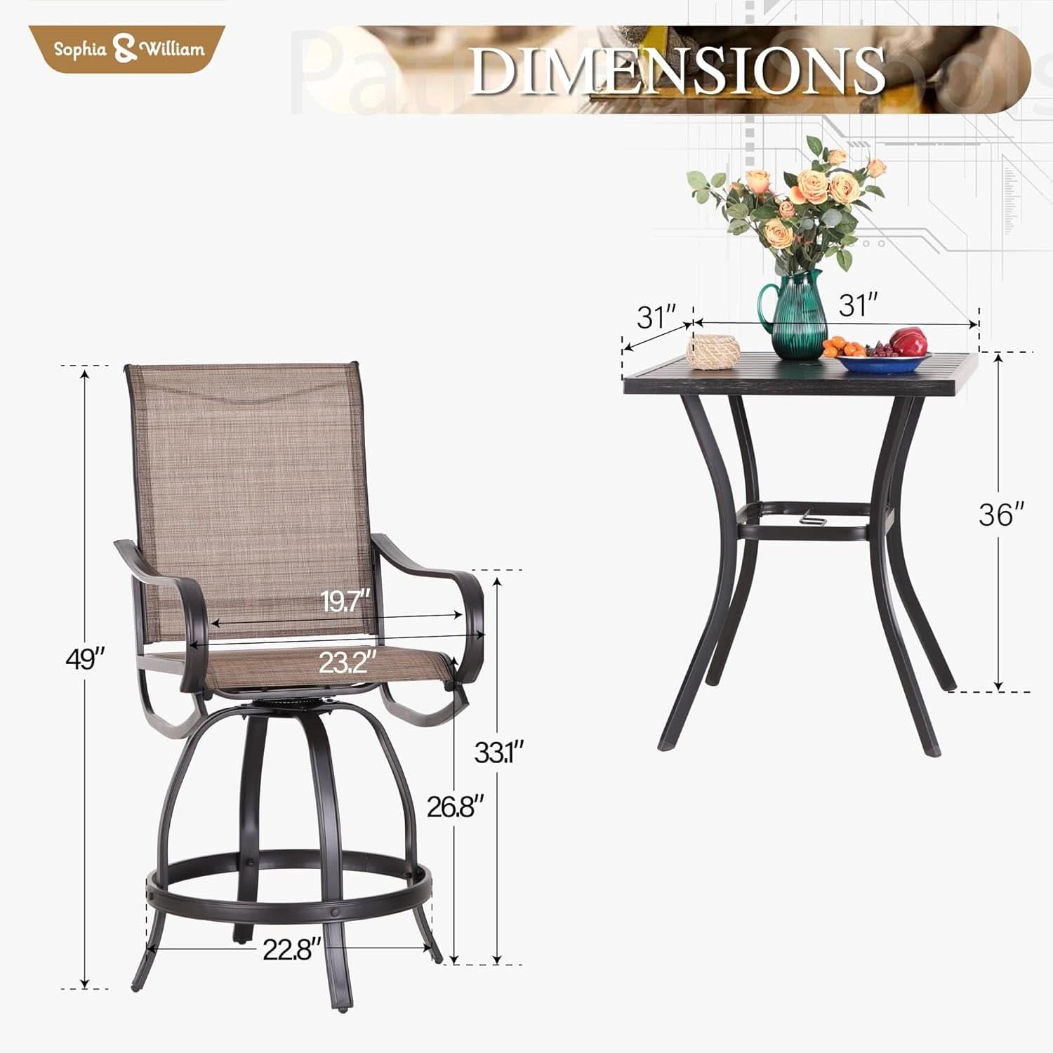 Counter Height Outdoor Bar Set With 2 Swivel Chairs