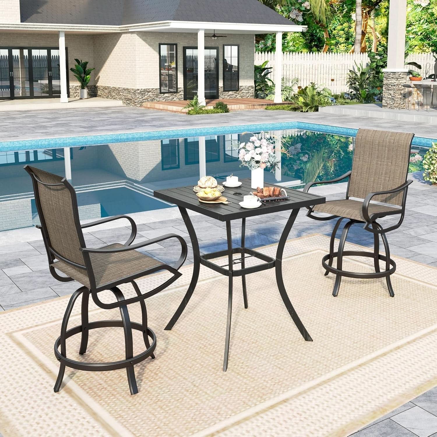 Counter Height Outdoor Bar Set With 2 Swivel Chairs