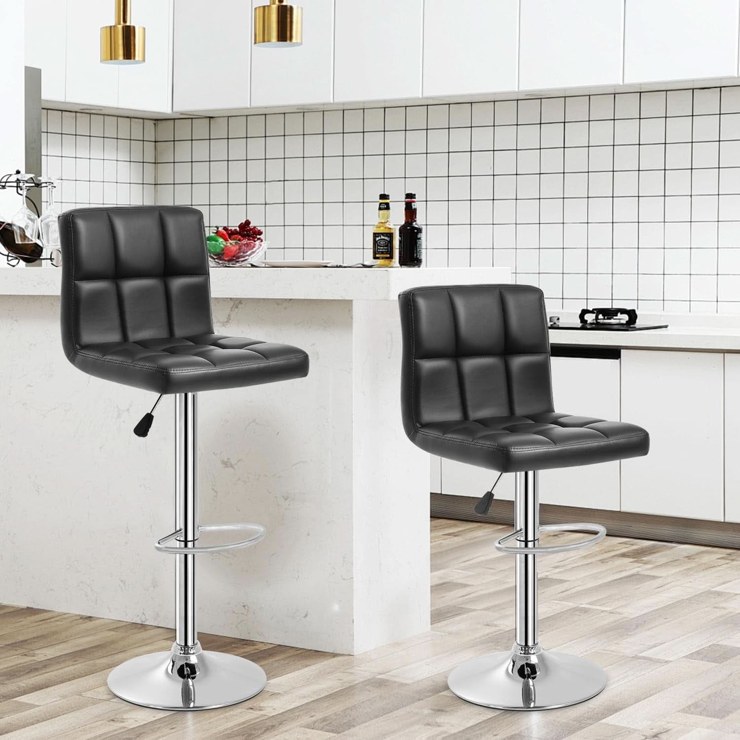 Counter Height Swivel Bar Stool Set Of 2 PU Leather Black