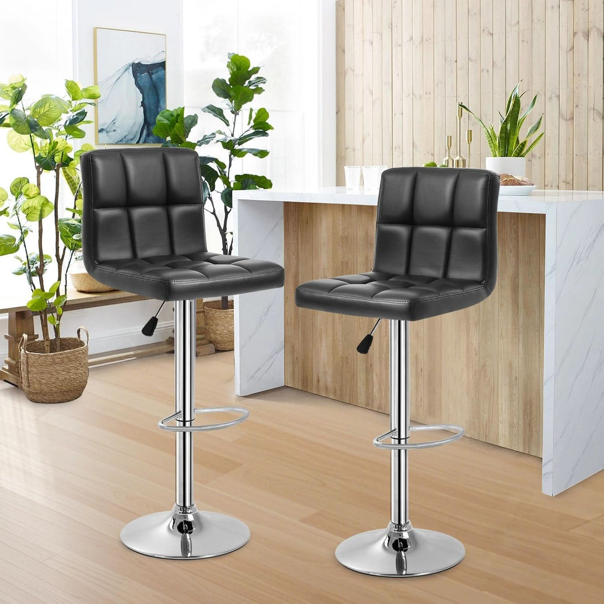 Counter Height Swivel Bar Stool Set Of 2 PU Leather Black