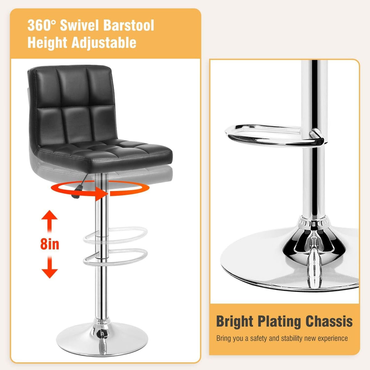 Counter Height Swivel Bar Stool Set Of 2 PU Leather Black