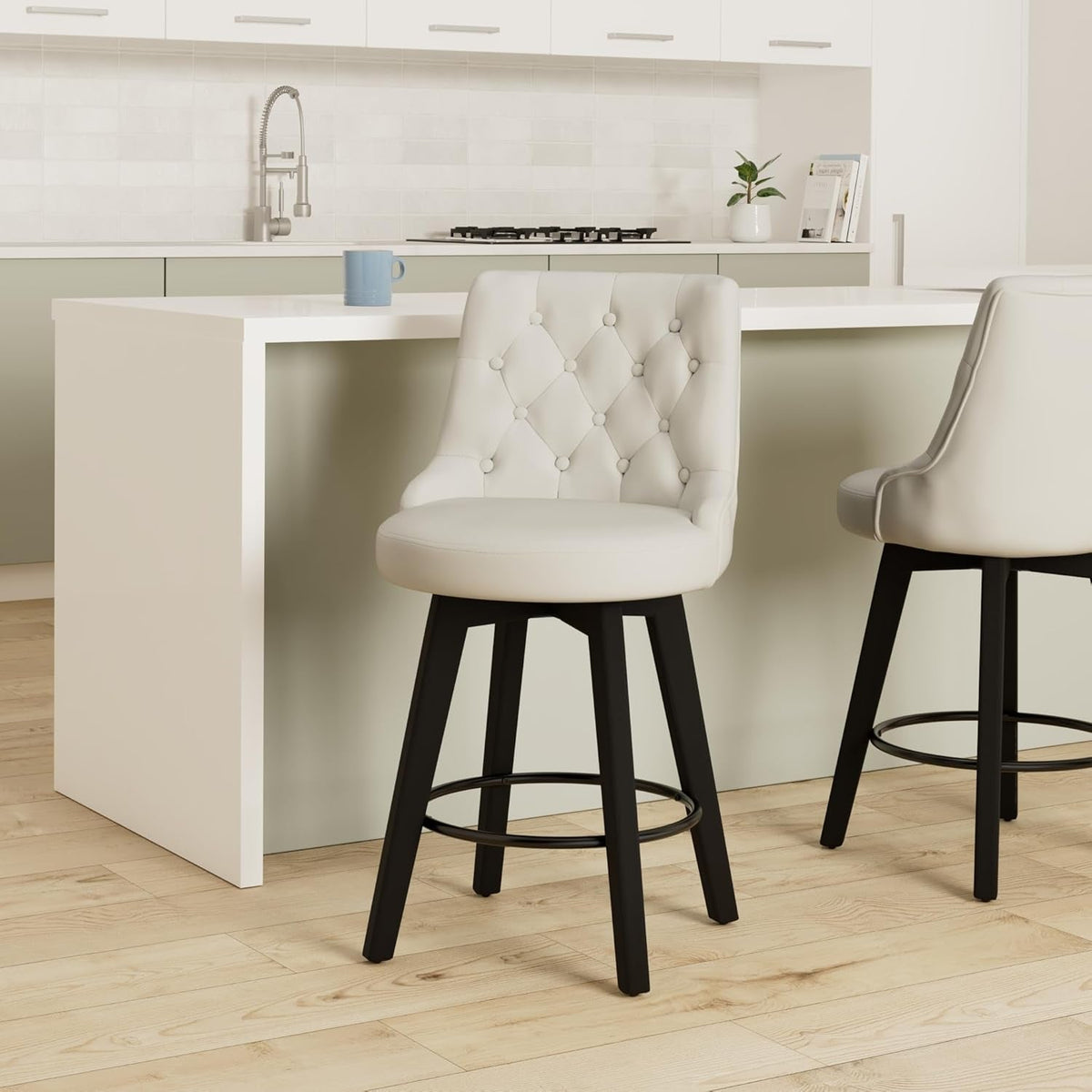 Counter Height Swivel Bar Stool White Faux Leather 26 Inch
