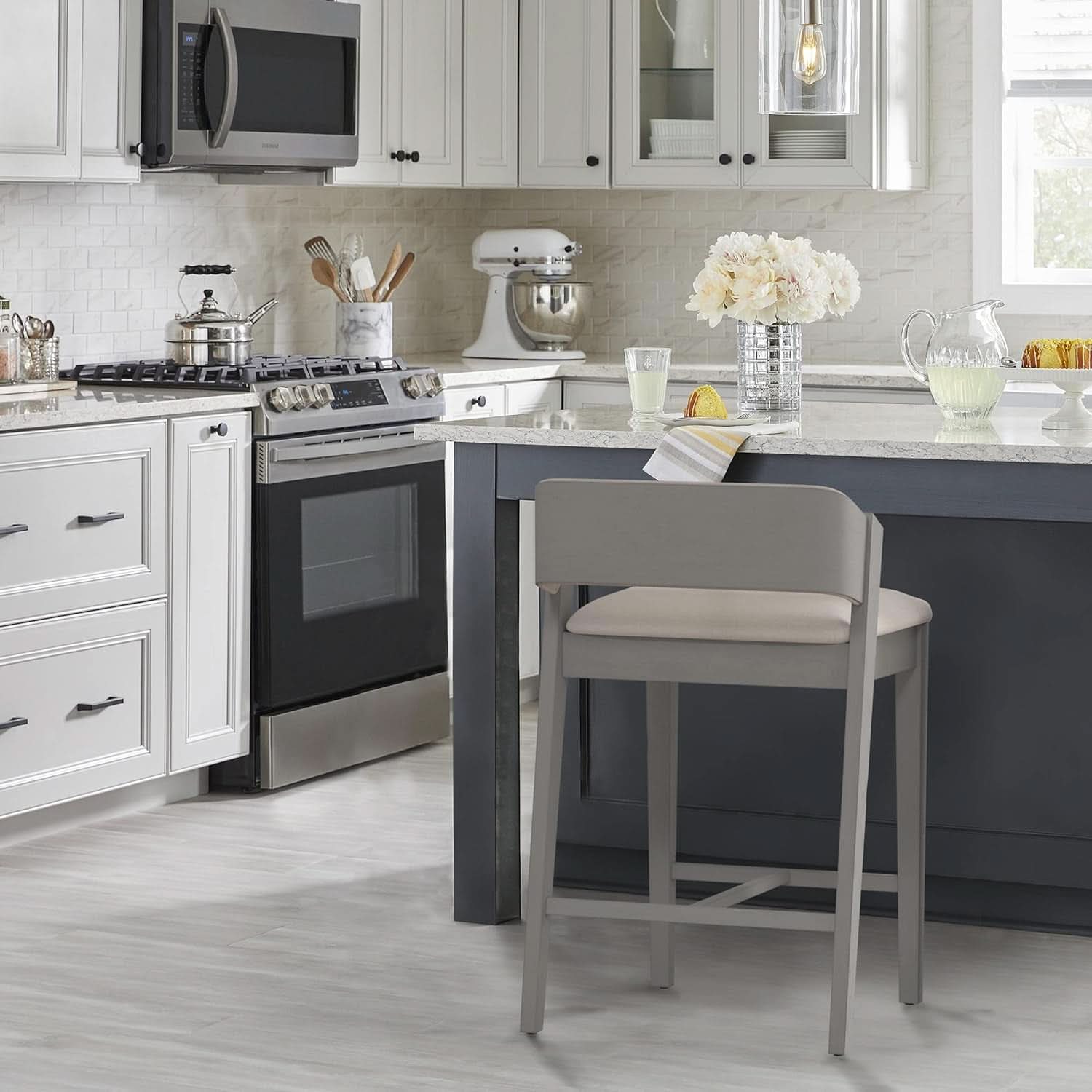 Counter Height Wood Stool Distressed Gray Upholstered Seat