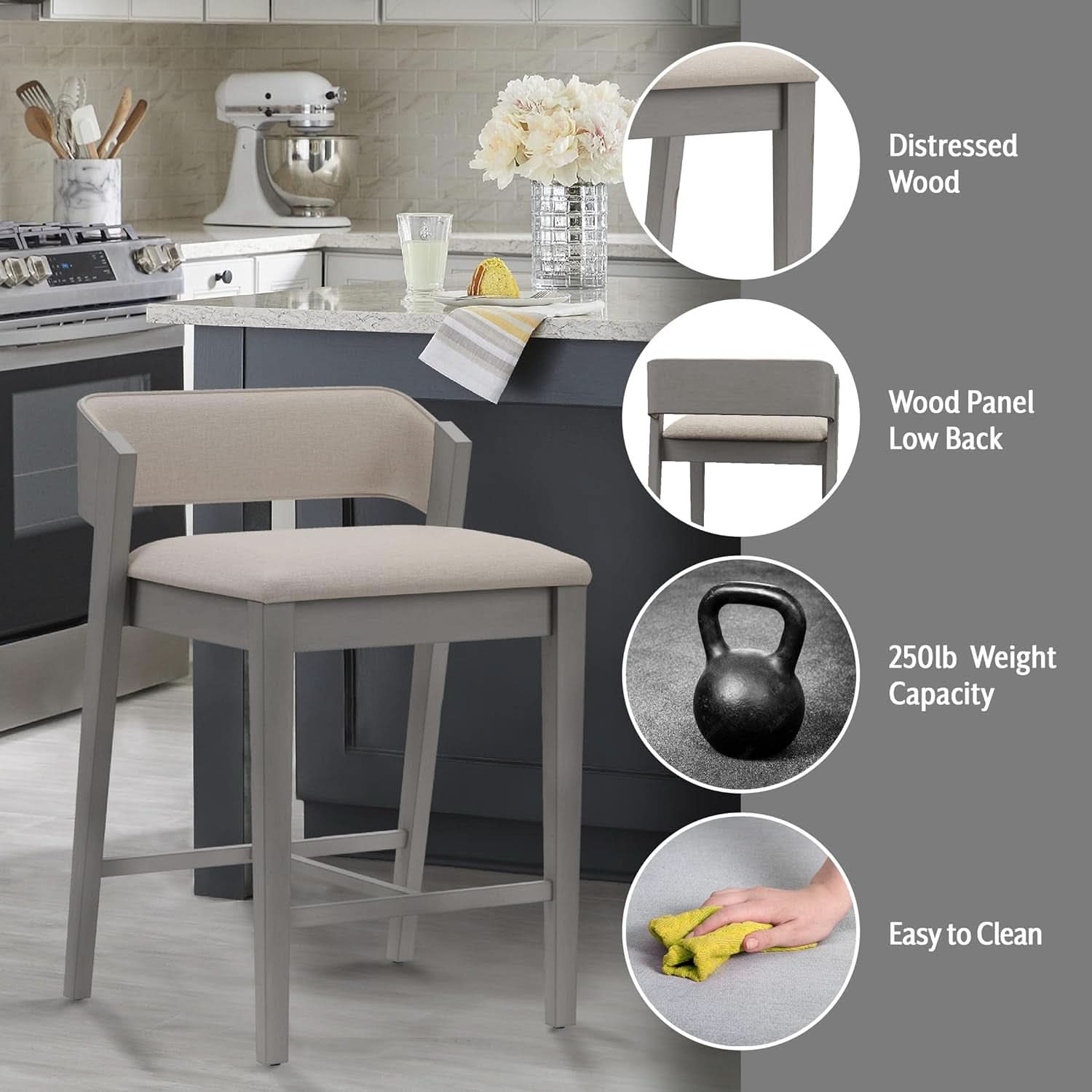 Counter Height Wood Stool Distressed Gray Upholstered Seat