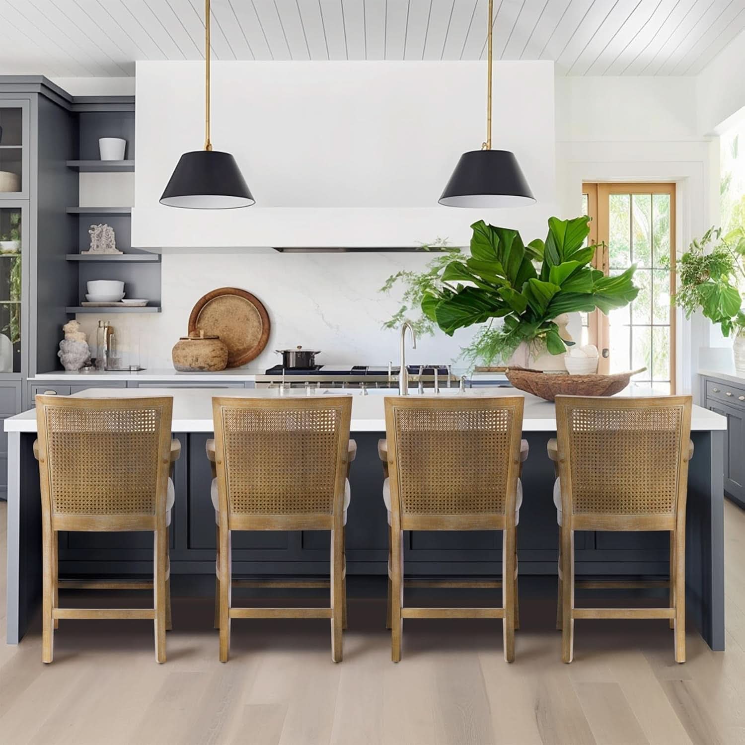 Counter Stool With Cane Back And Upholstered Seat Kitchen