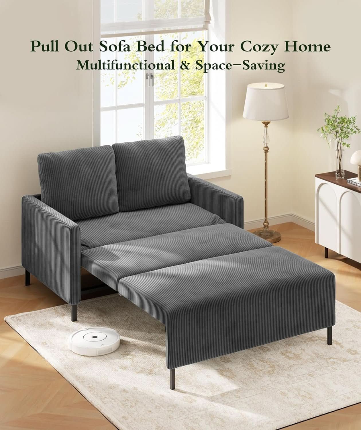 Cozy Corduroy Convertible Sofa Bed With Fluffy Pillows