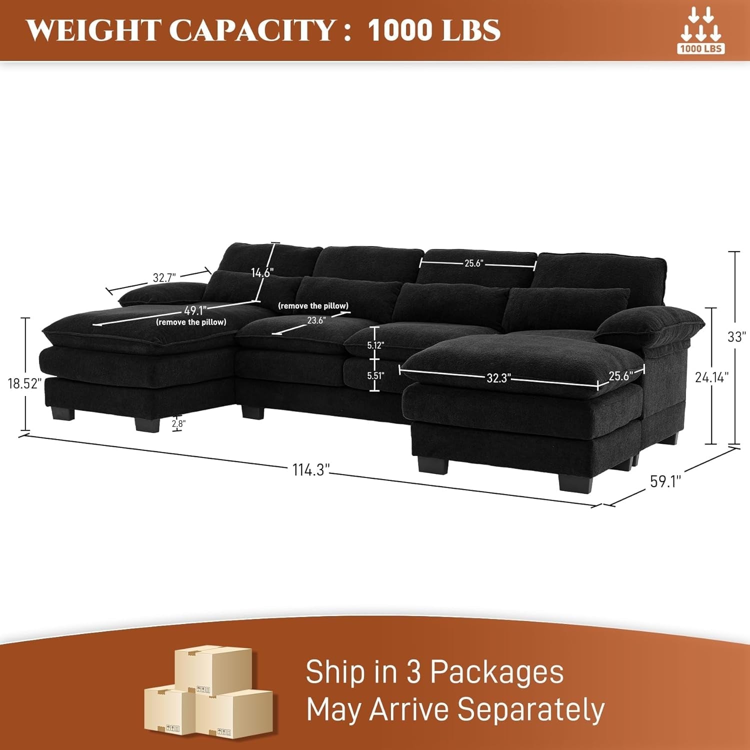 Cozy U Shape Sectional Sofa with Lounge Chaise