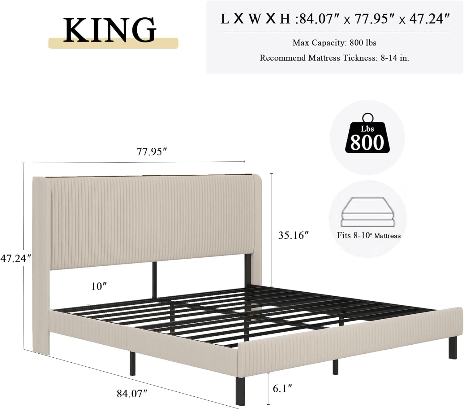Cream Beige King Size Bed Frame With Tufted Headboard
