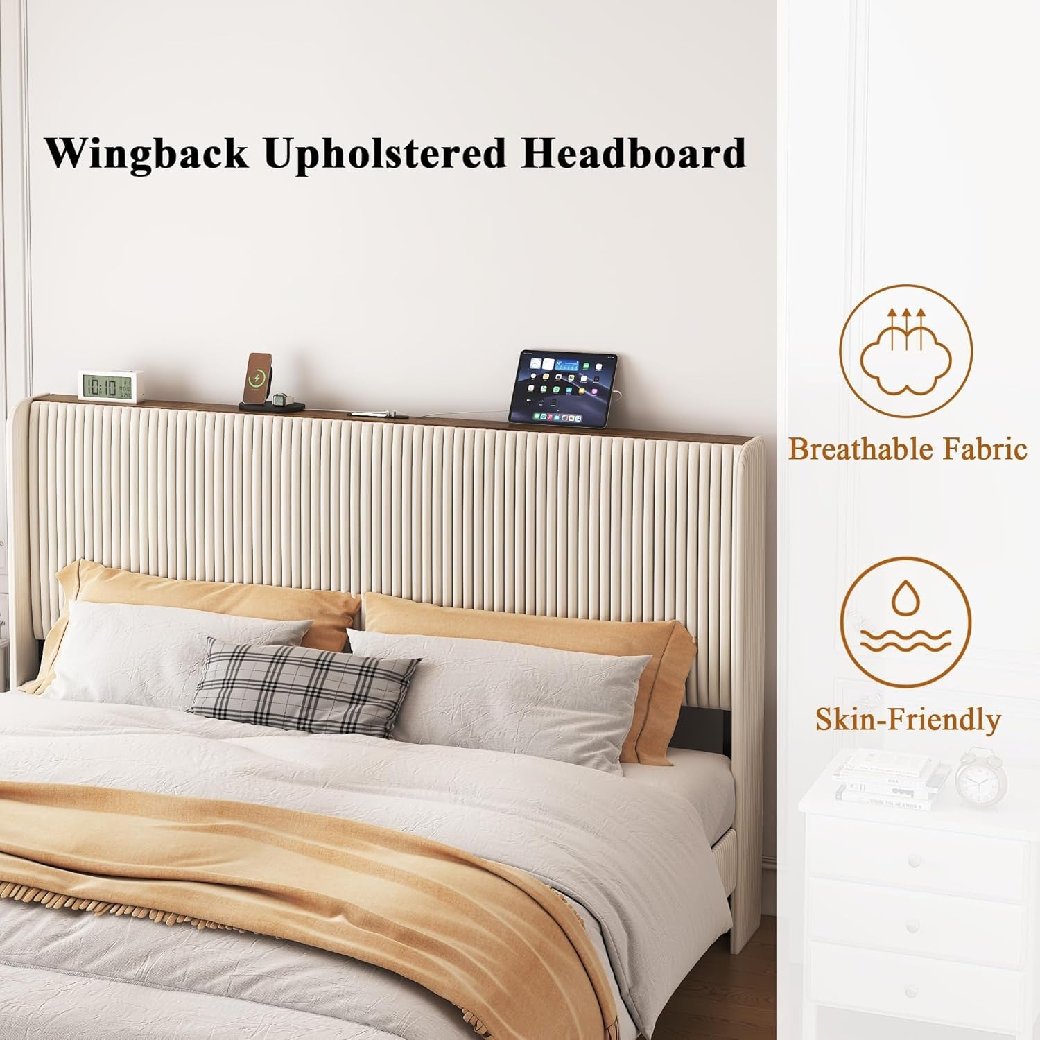 Cream Beige King Size Bed Frame With Tufted Headboard