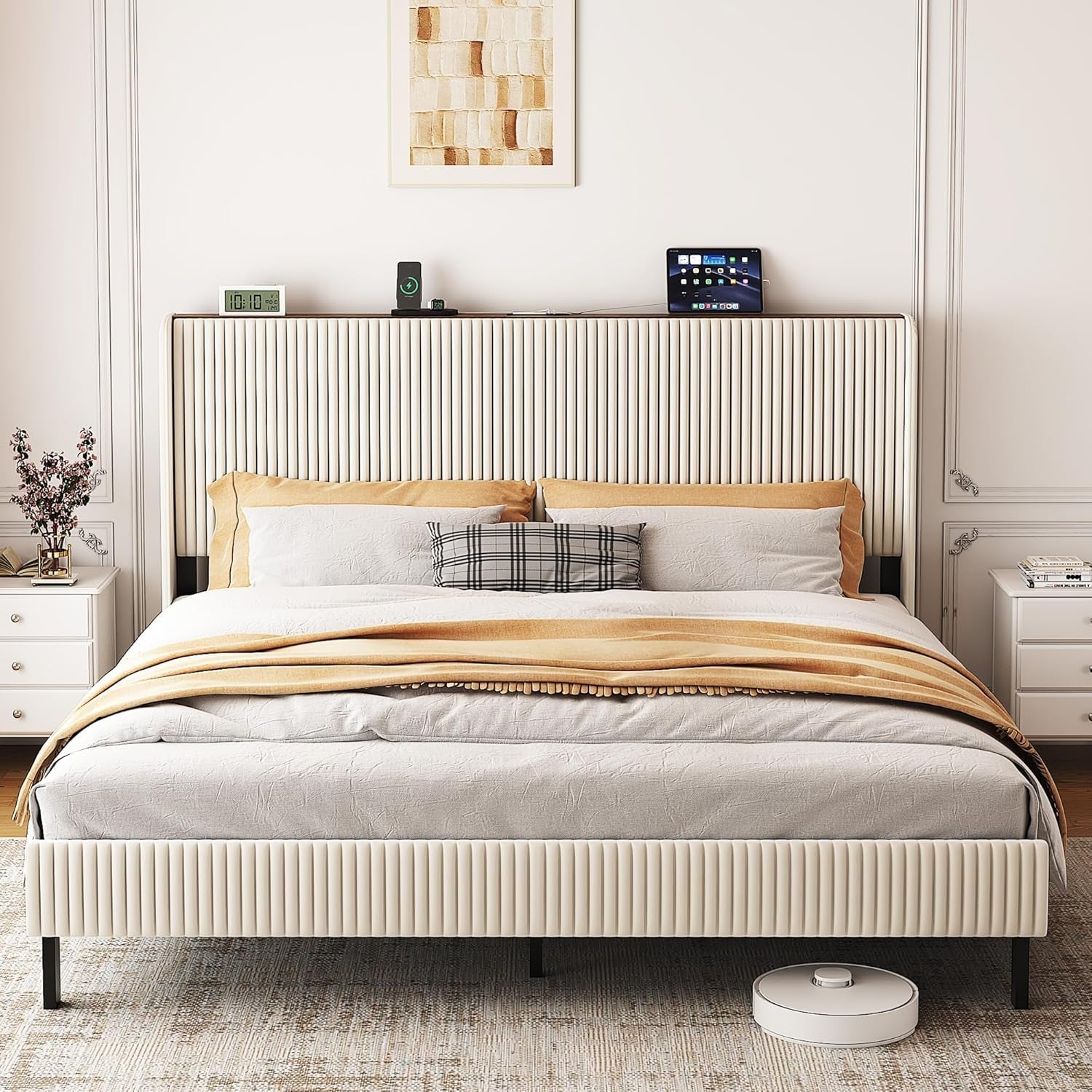 Cream Beige King Size Bed Frame With Tufted Headboard