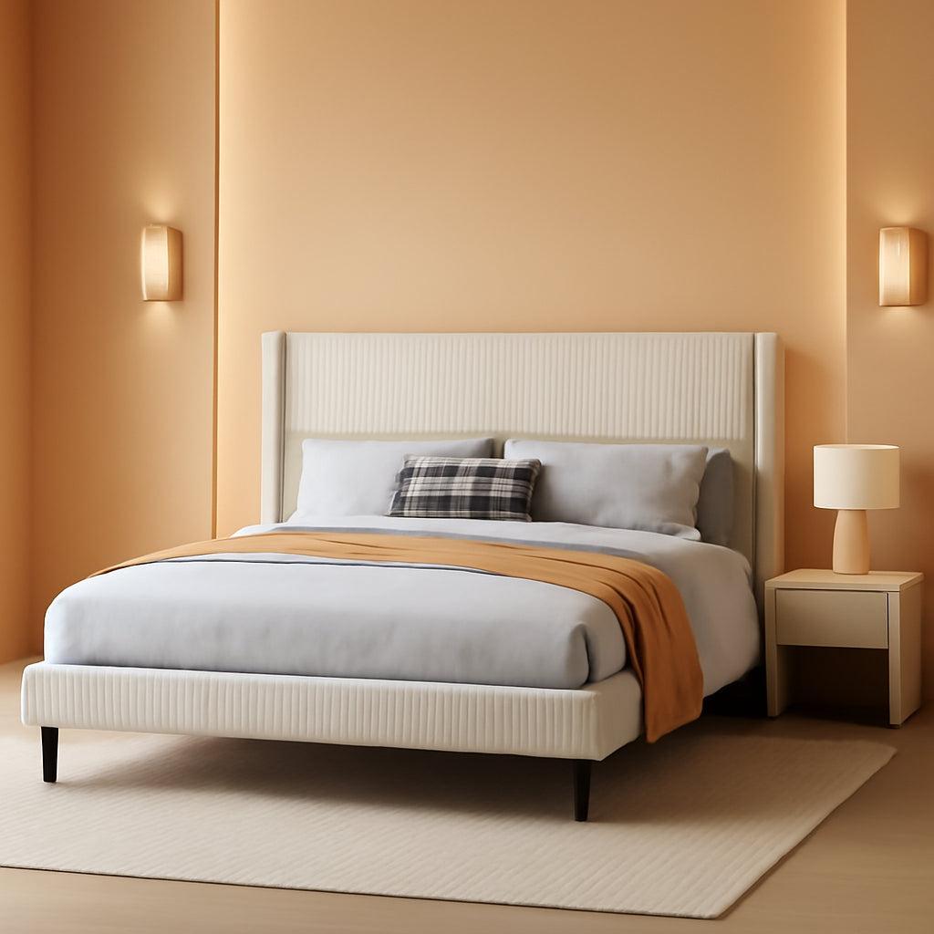 Cream Beige King Size Bed Frame With Tufted Headboard