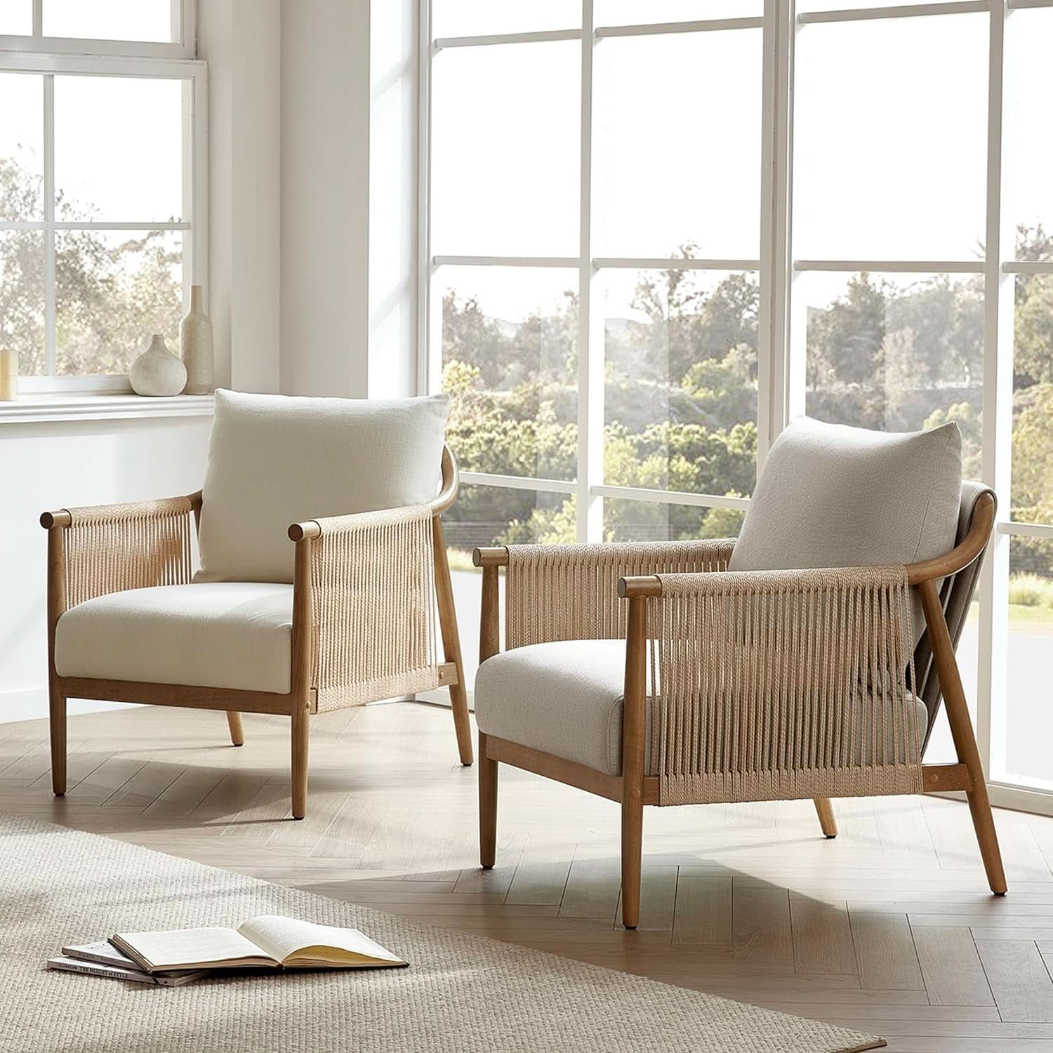 Cream Braided Accent Armchair With Wooden Armrests