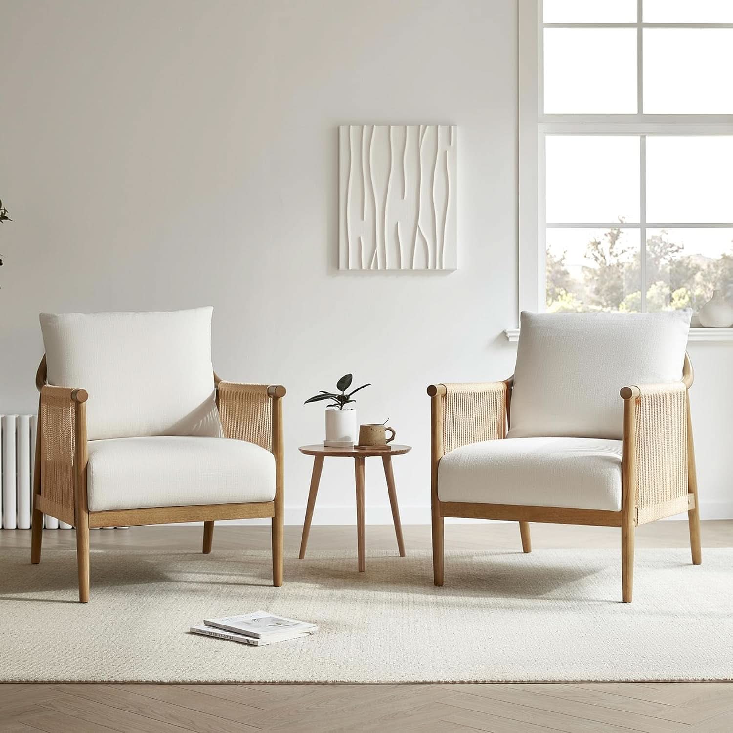 Cream Braided Accent Armchair With Wooden Armrests