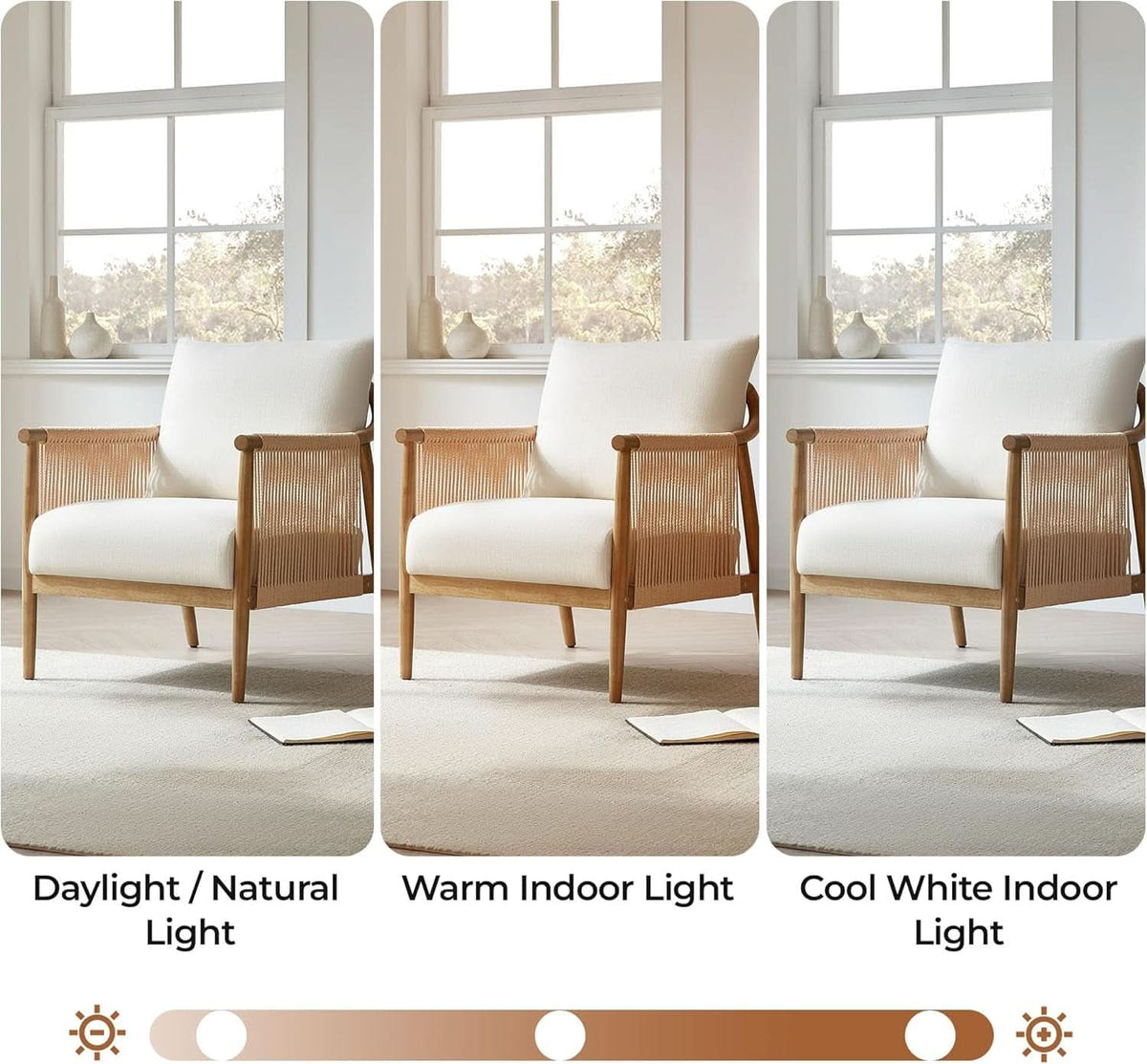 Cream Braided Accent Armchair With Wooden Armrests