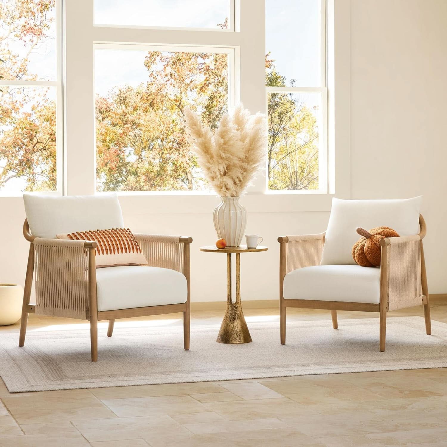Cream Braided Accent Armchair With Wooden Armrests