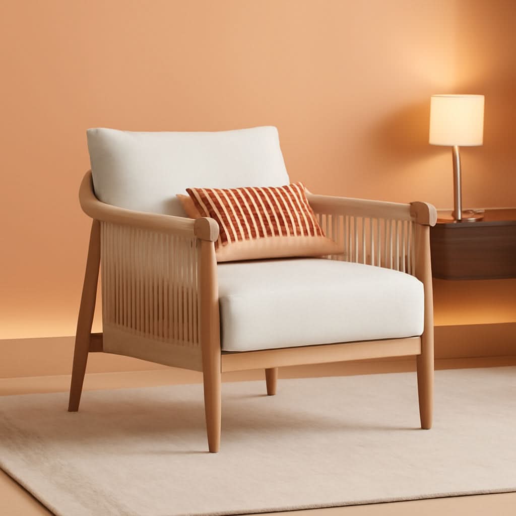 Cream Braided Accent Armchair With Wooden Armrests