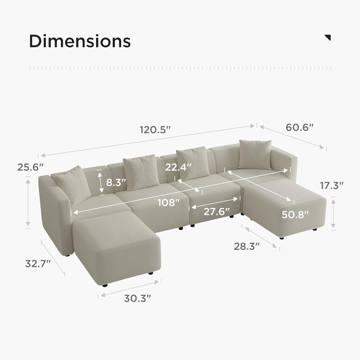 Cream Convertible Modular Sectional Sofa Reversible Chaise