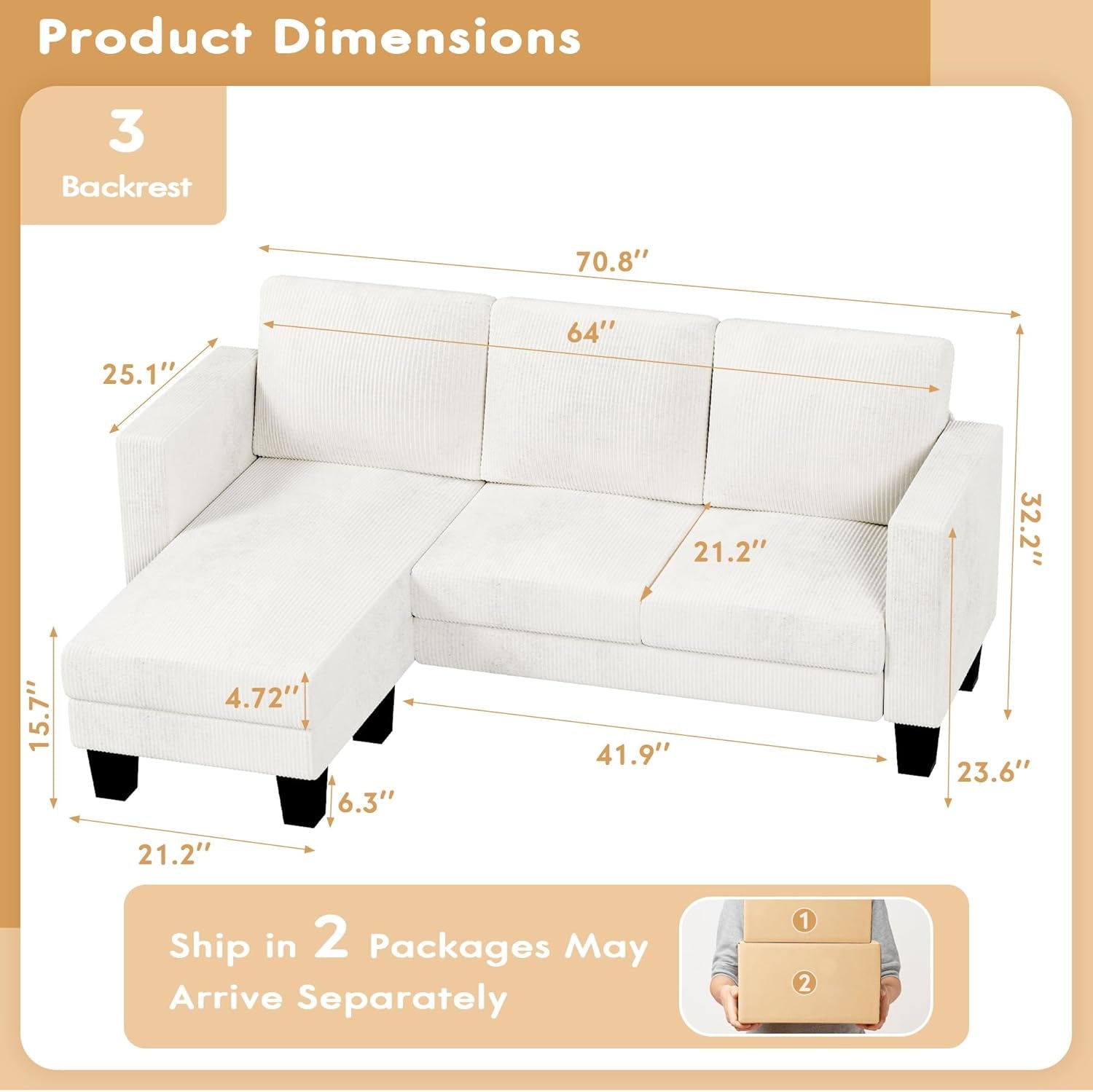 Cream Corduroy Convertible Sectional Sofa 3 Seat Couch