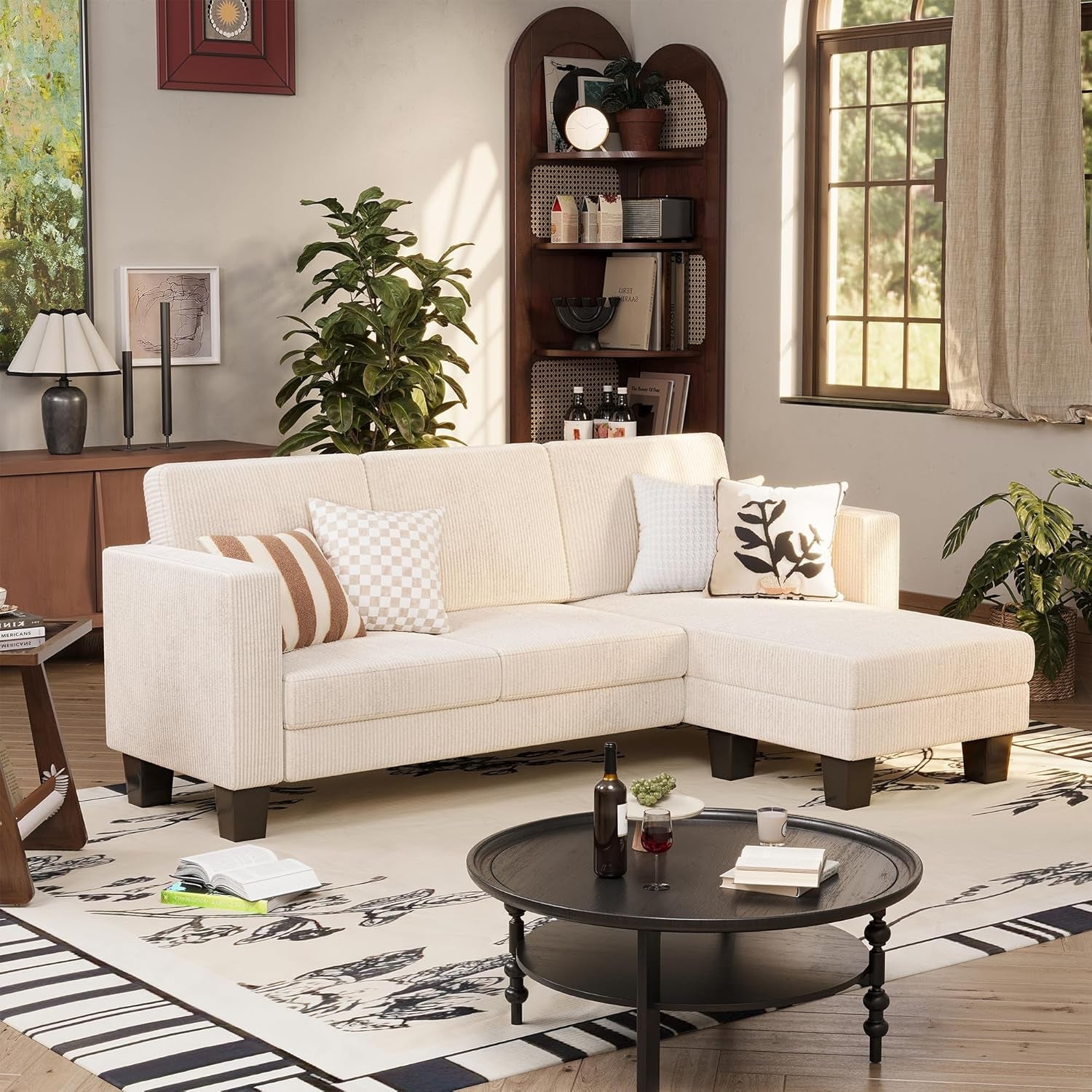 Cream Corduroy Convertible Sectional Sofa 3 Seat Couch