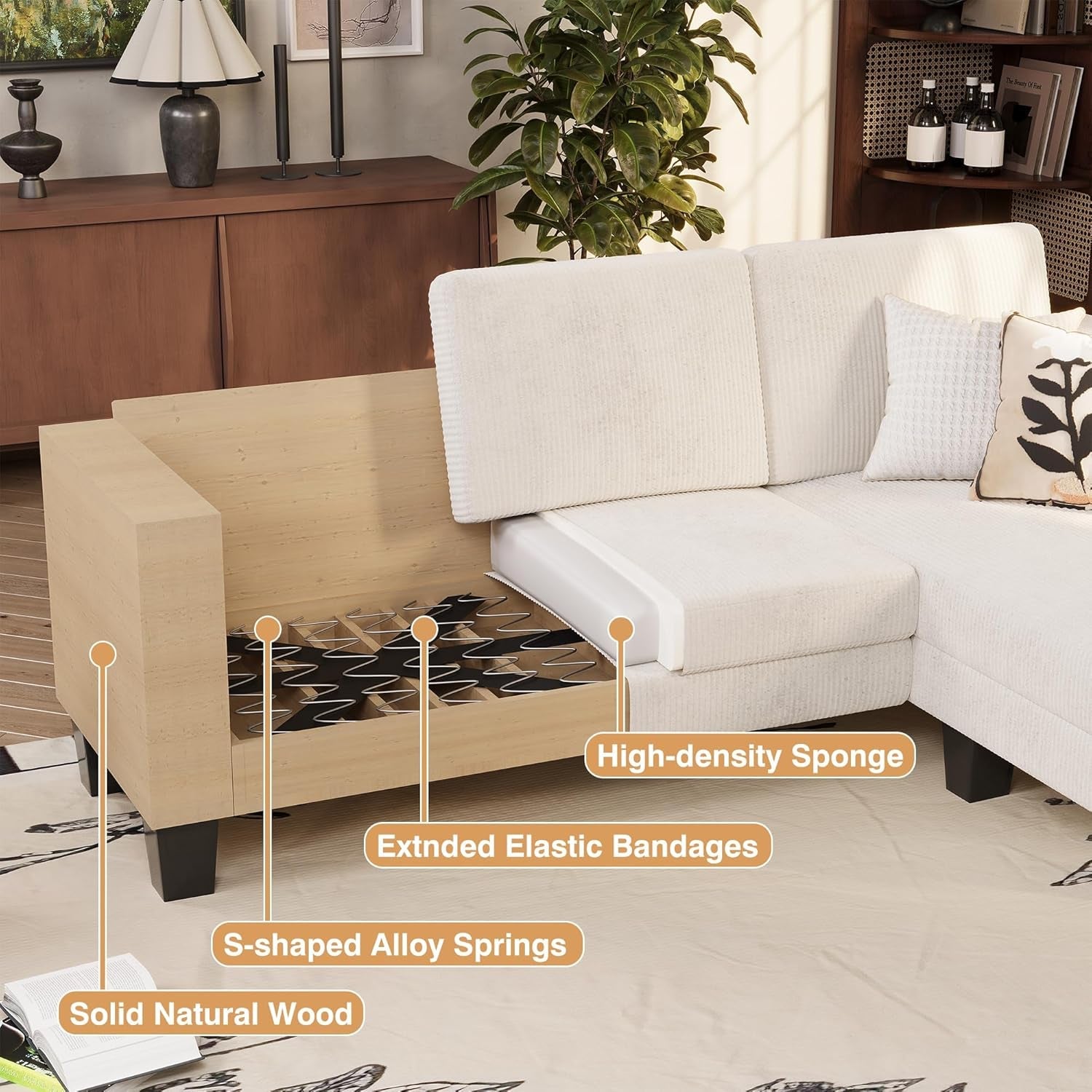 Cream Corduroy Convertible Sectional Sofa 3 Seat Couch