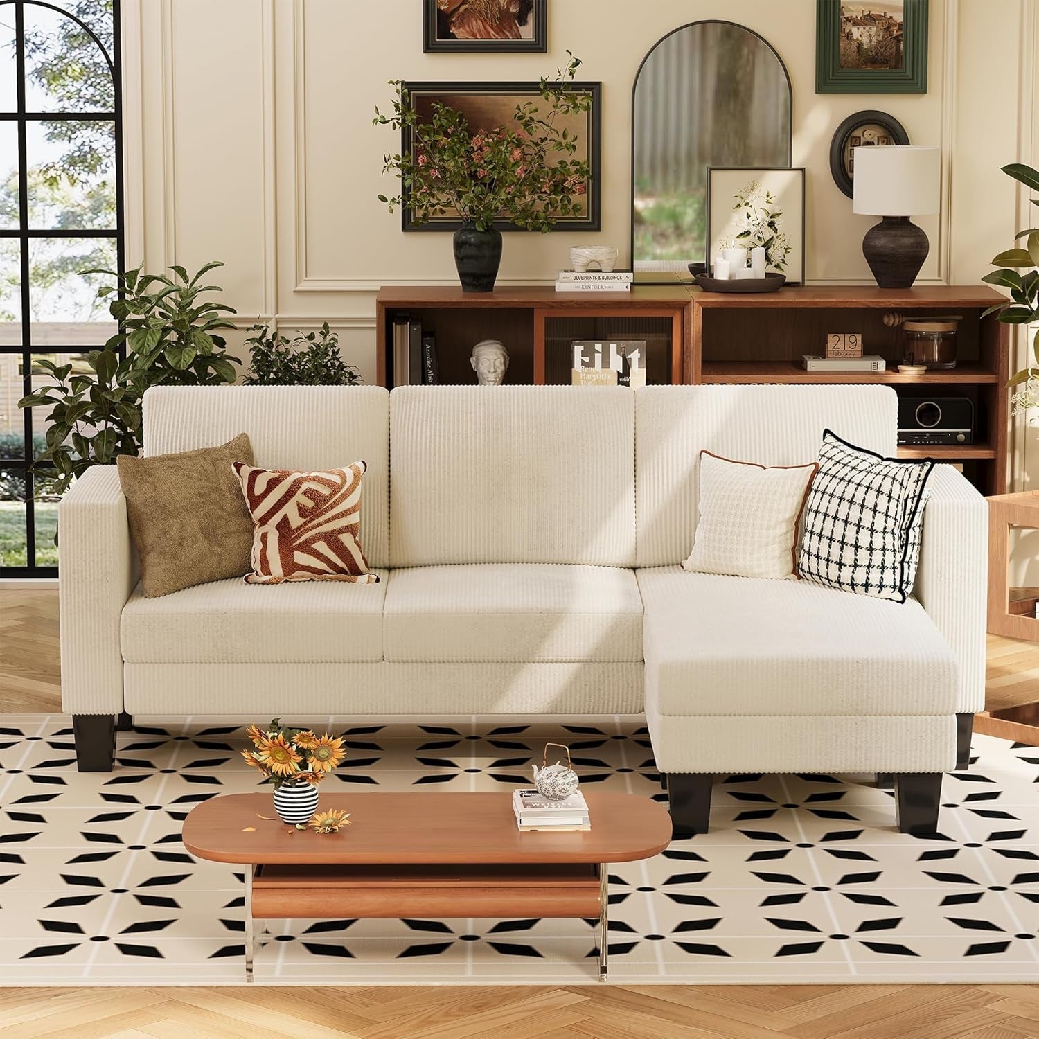 Cream Corduroy Convertible Sectional Sofa 3 Seat Couch