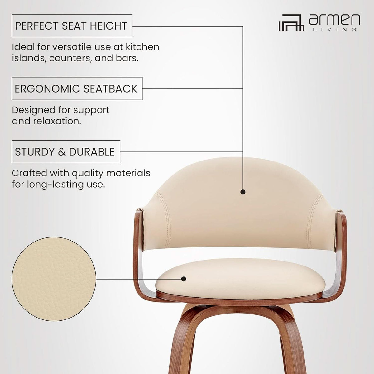 Cream Faux Leather Swivel Bar Stool For Kitchen Island