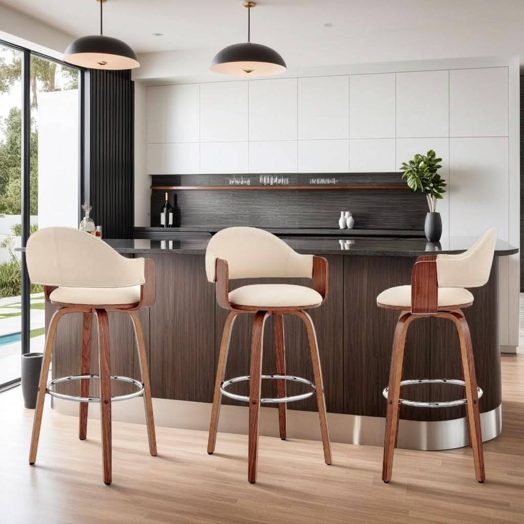 Cream Faux Leather Swivel Bar Stool For Kitchen Island