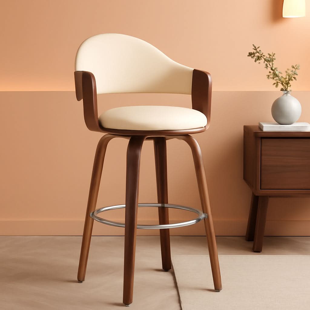 Cream Faux Leather Swivel Bar Stool For Kitchen Island