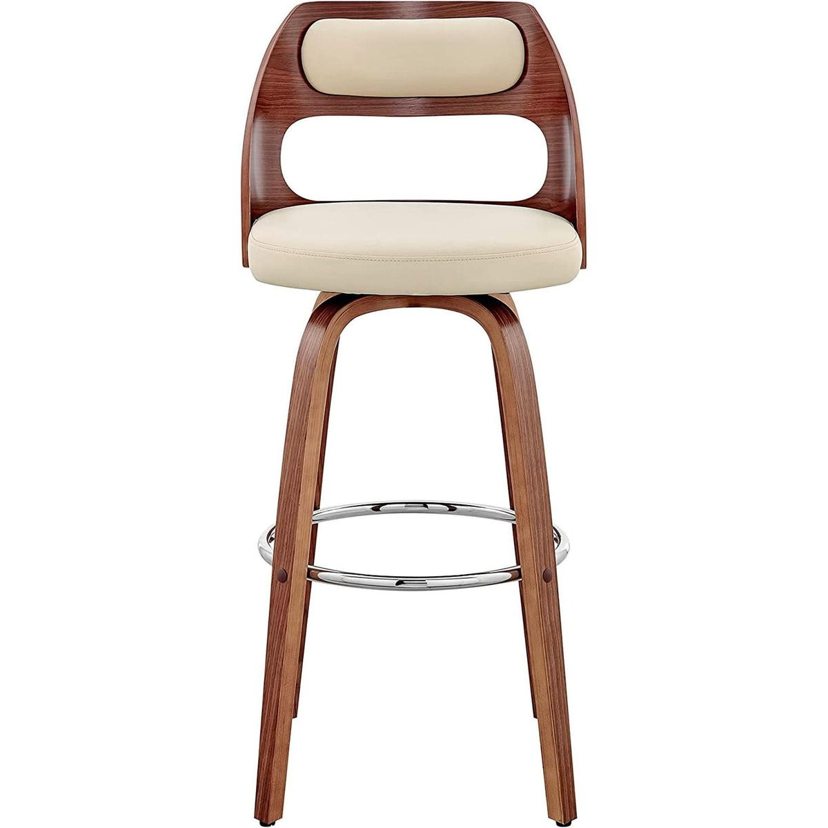 Cream Faux Leather Walnut Wood Bar Stool Swivel 360 Degree