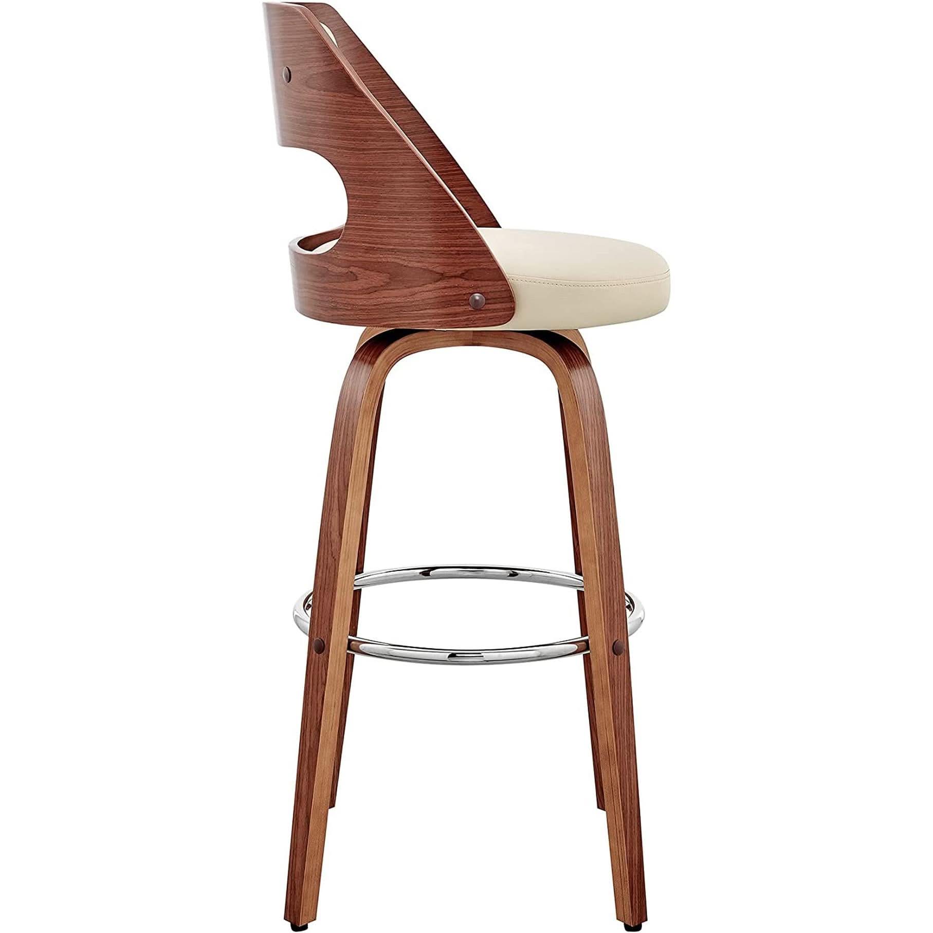 Cream Faux Leather Walnut Wood Bar Stool Swivel 360 Degree