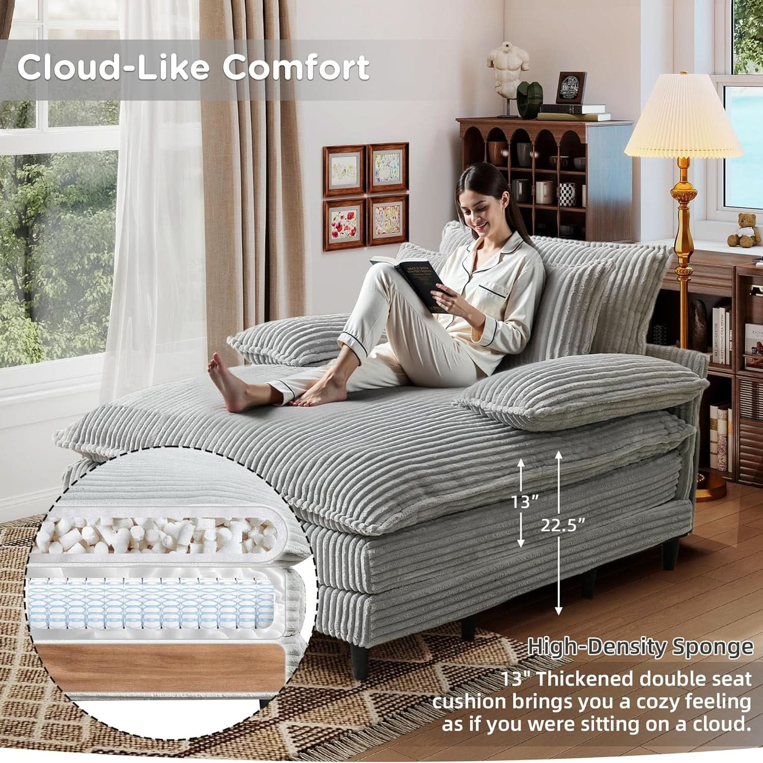 Cream Gray Oversized Chaise Lounge Adjustable Backrest