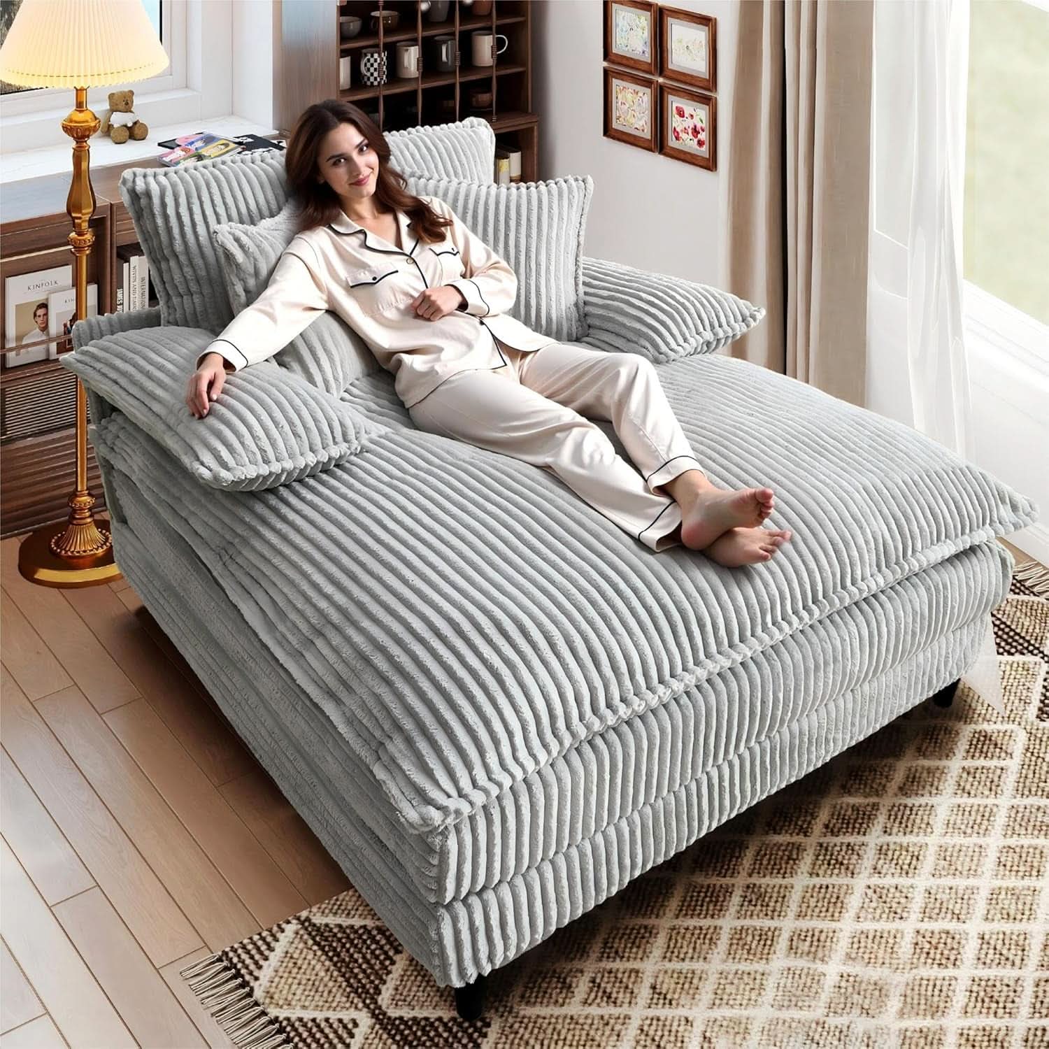 Cream Gray Oversized Chaise Lounge Adjustable Backrest