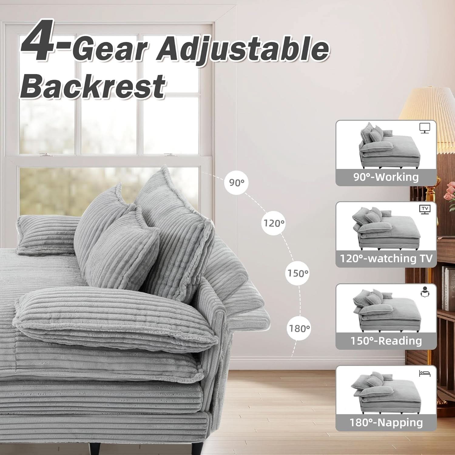 Cream Gray Oversized Chaise Lounge Adjustable Backrest