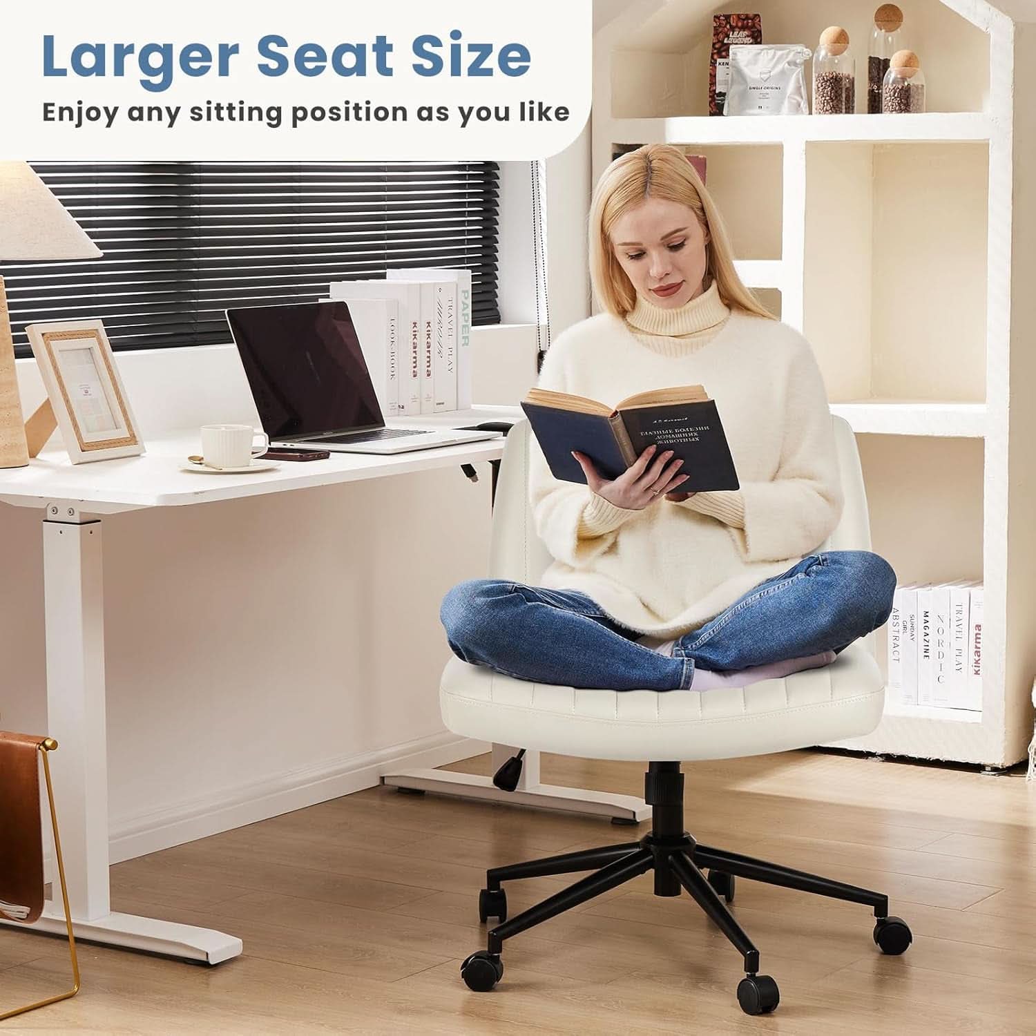 Cream Leather Swivel Task Chair With Dual Purpose Base