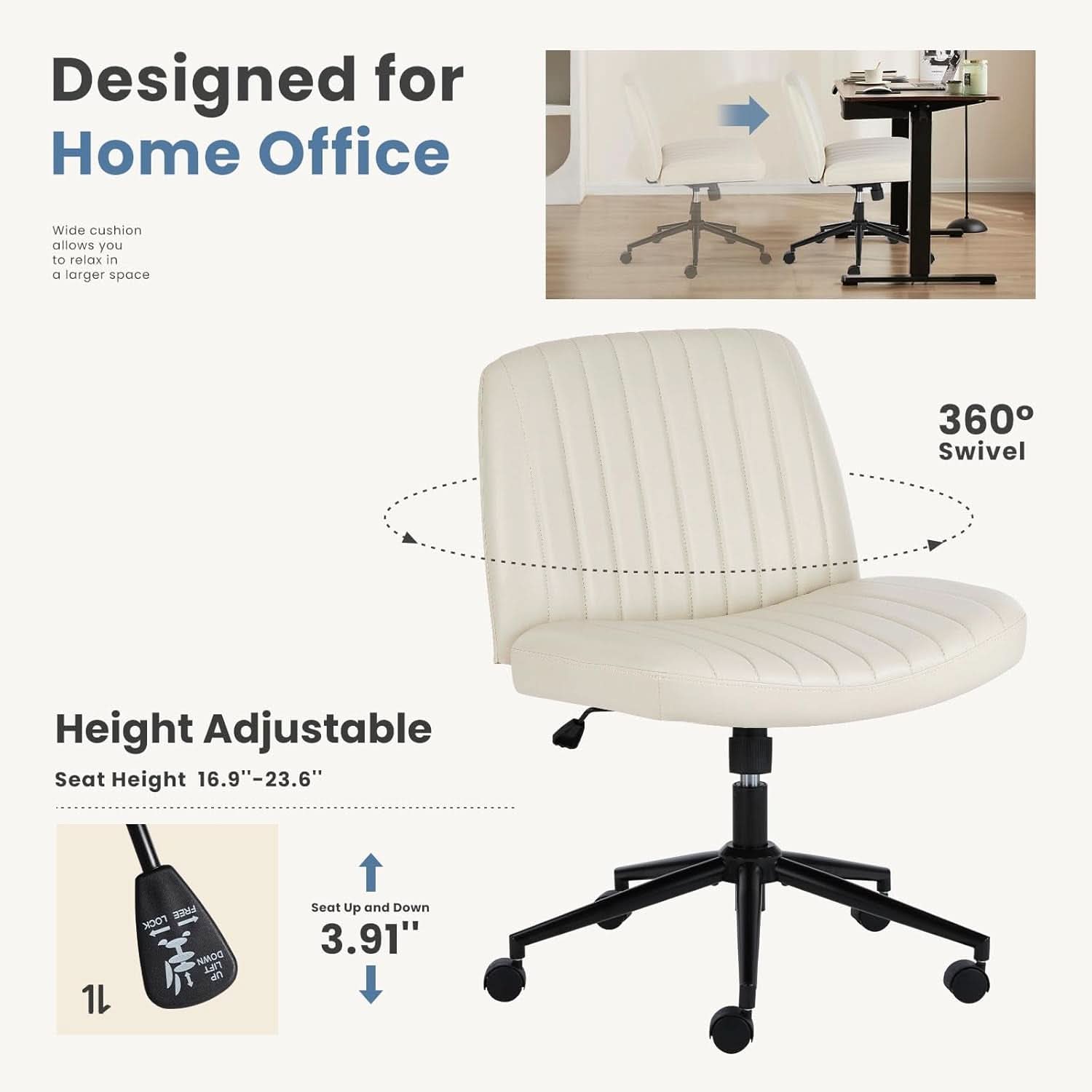 Cream Leather Swivel Task Chair With Dual Purpose Base