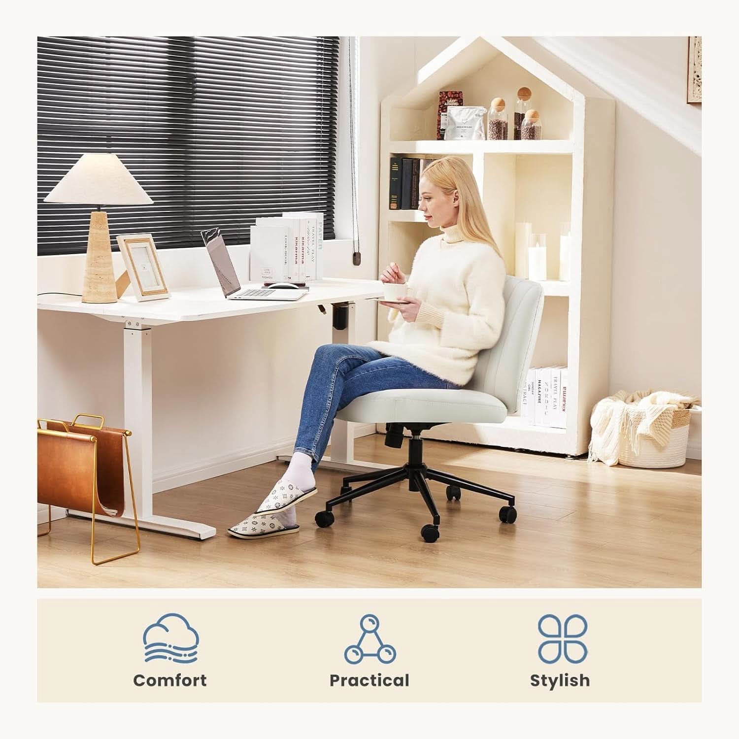 Cream Leather Swivel Task Chair With Dual Purpose Base