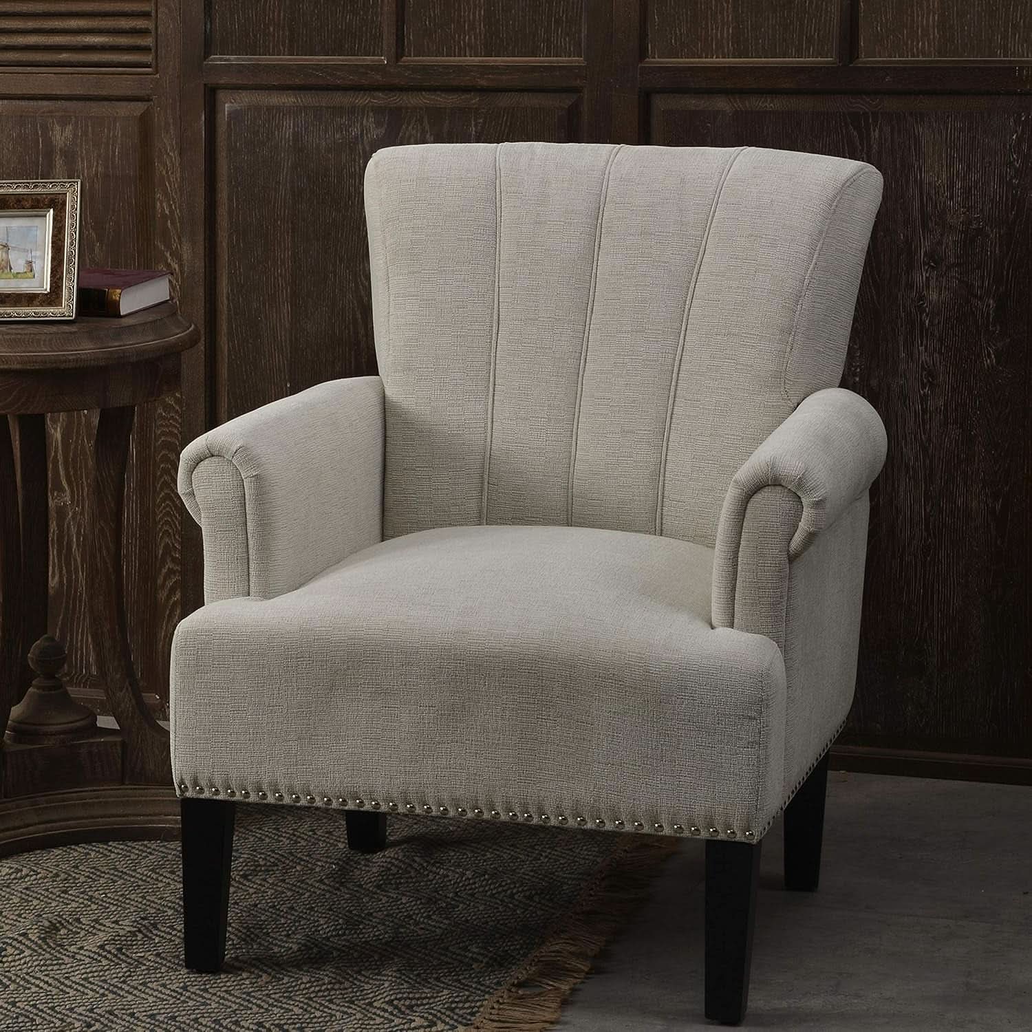 Cream Polyester Tufted Mid Century Upholstered Chair