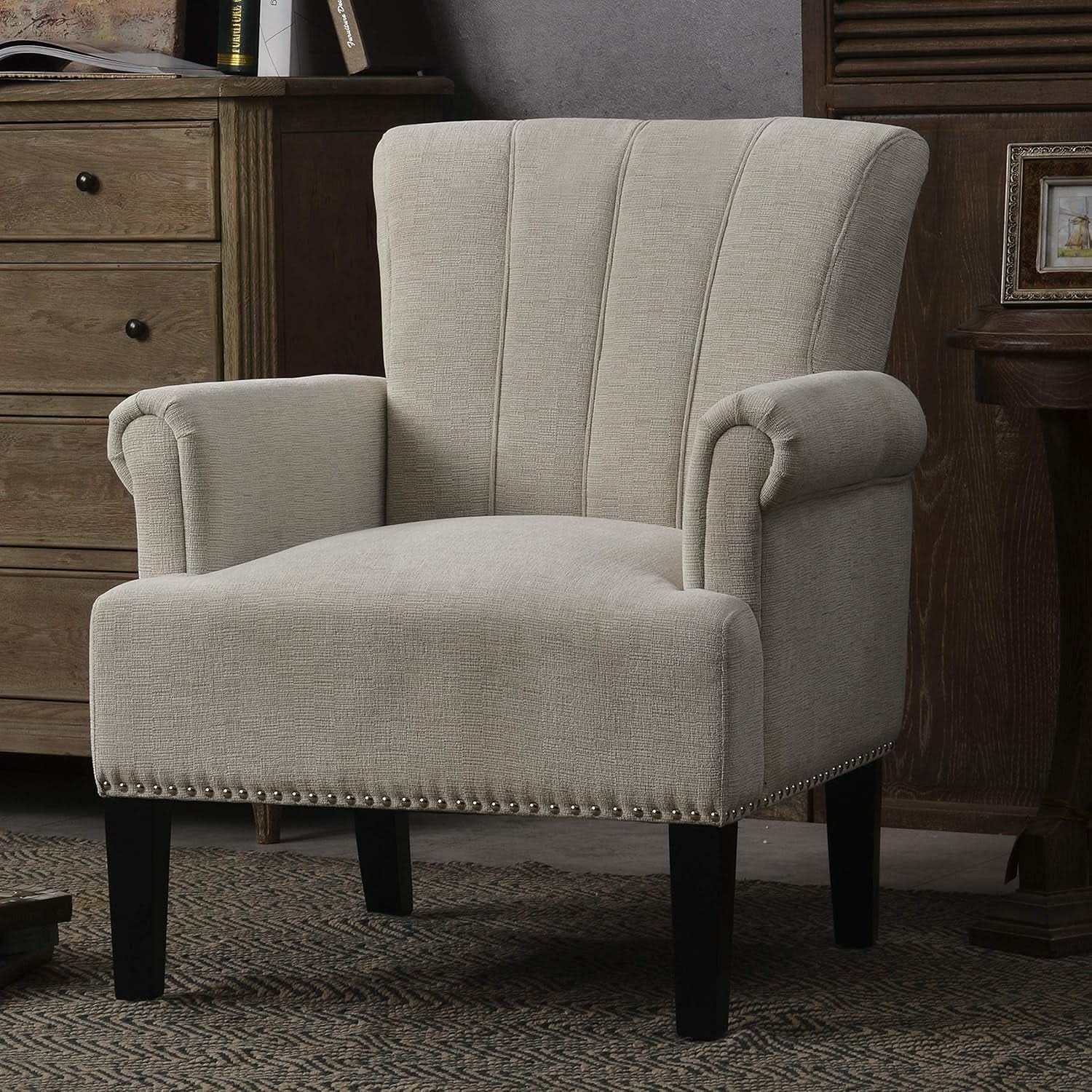 Cream Polyester Tufted Mid Century Upholstered Chair