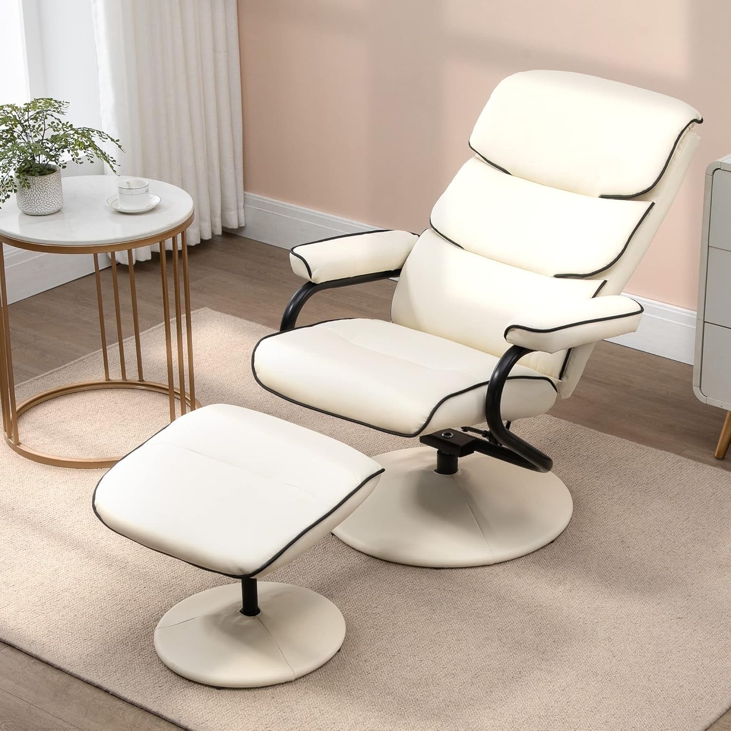 Cream Recliner Chair With Ottoman Adjustable Backrest