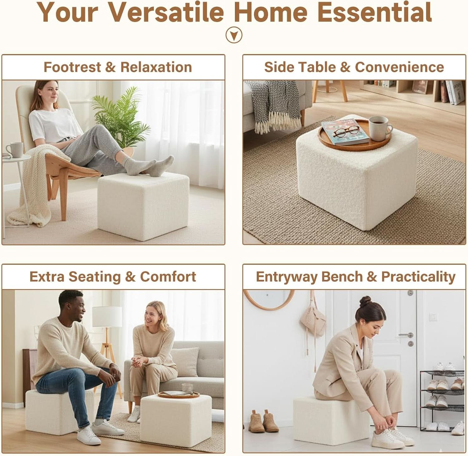 Cream Square Luxurious Upholstered Foam Pouf Ottoman